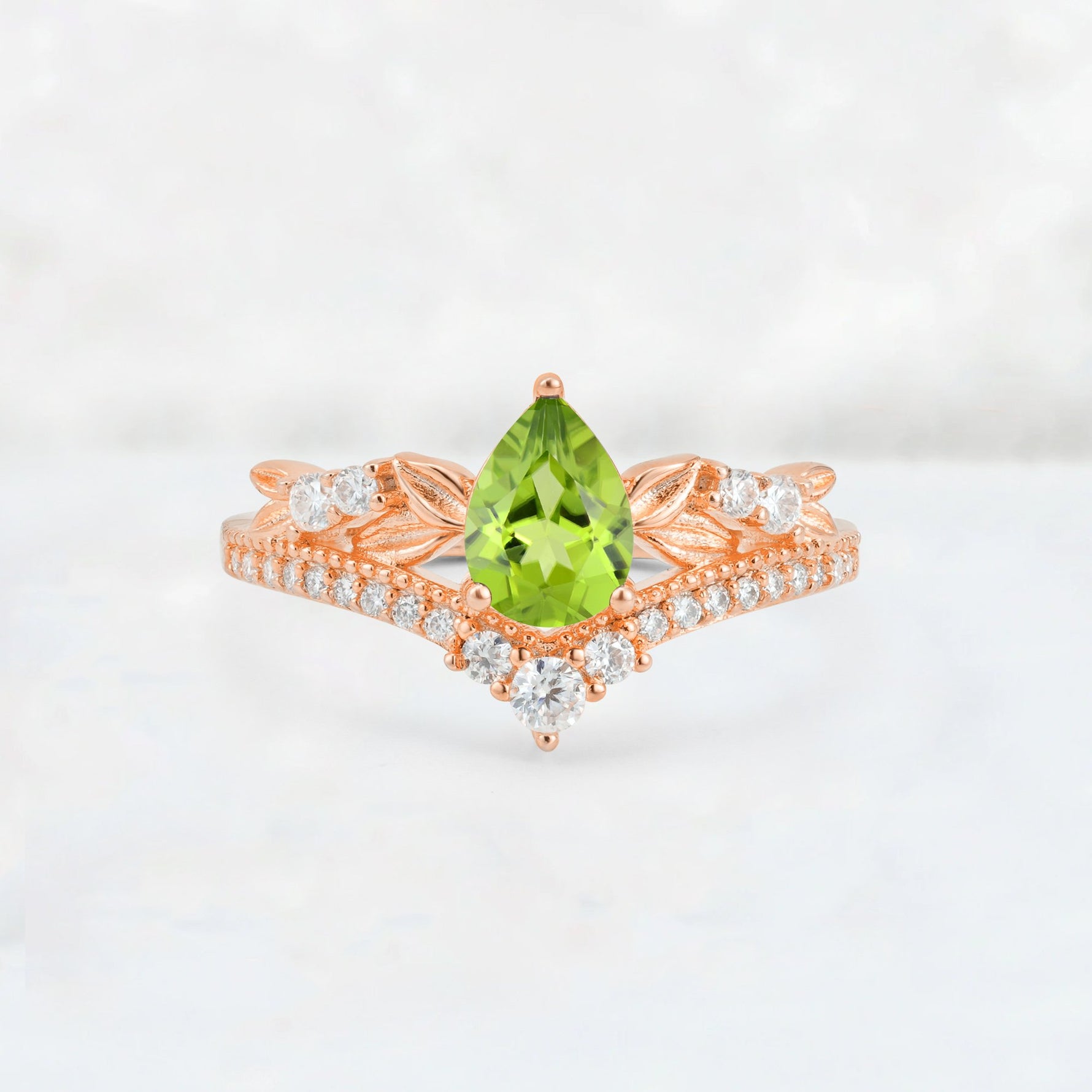 Pear Cut Peridot Leaf Chevron Bridal Ring Set - Additional view
