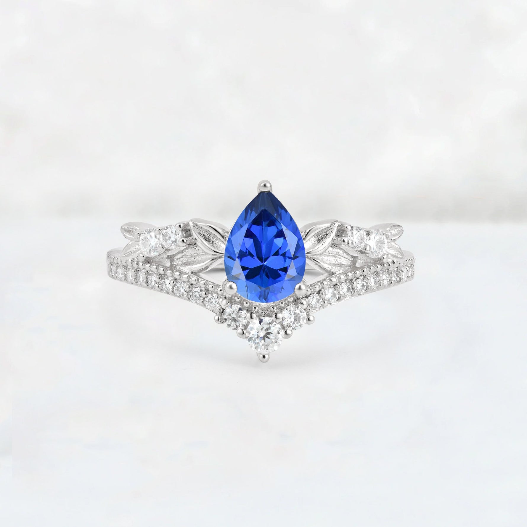 Pear Cut Sapphire Leaf Chevron Bridal Ring Set - Additional view