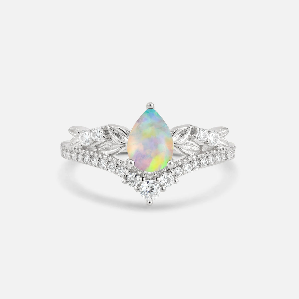 Pear Cut Fire Opal Leaf Chevron Bridal Ring Set - Additional view