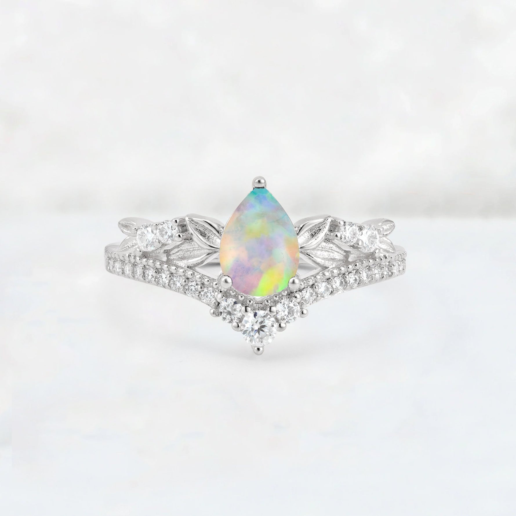 Pear Cut Fire Opal Leaf Chevron Bridal Ring Set - Additional view