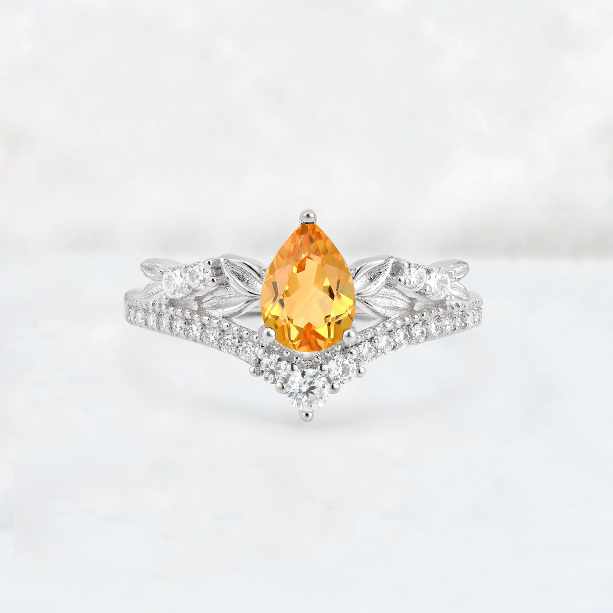 Pear Cut Citrine Leaf Chevron Bridal Ring Set - Additional view