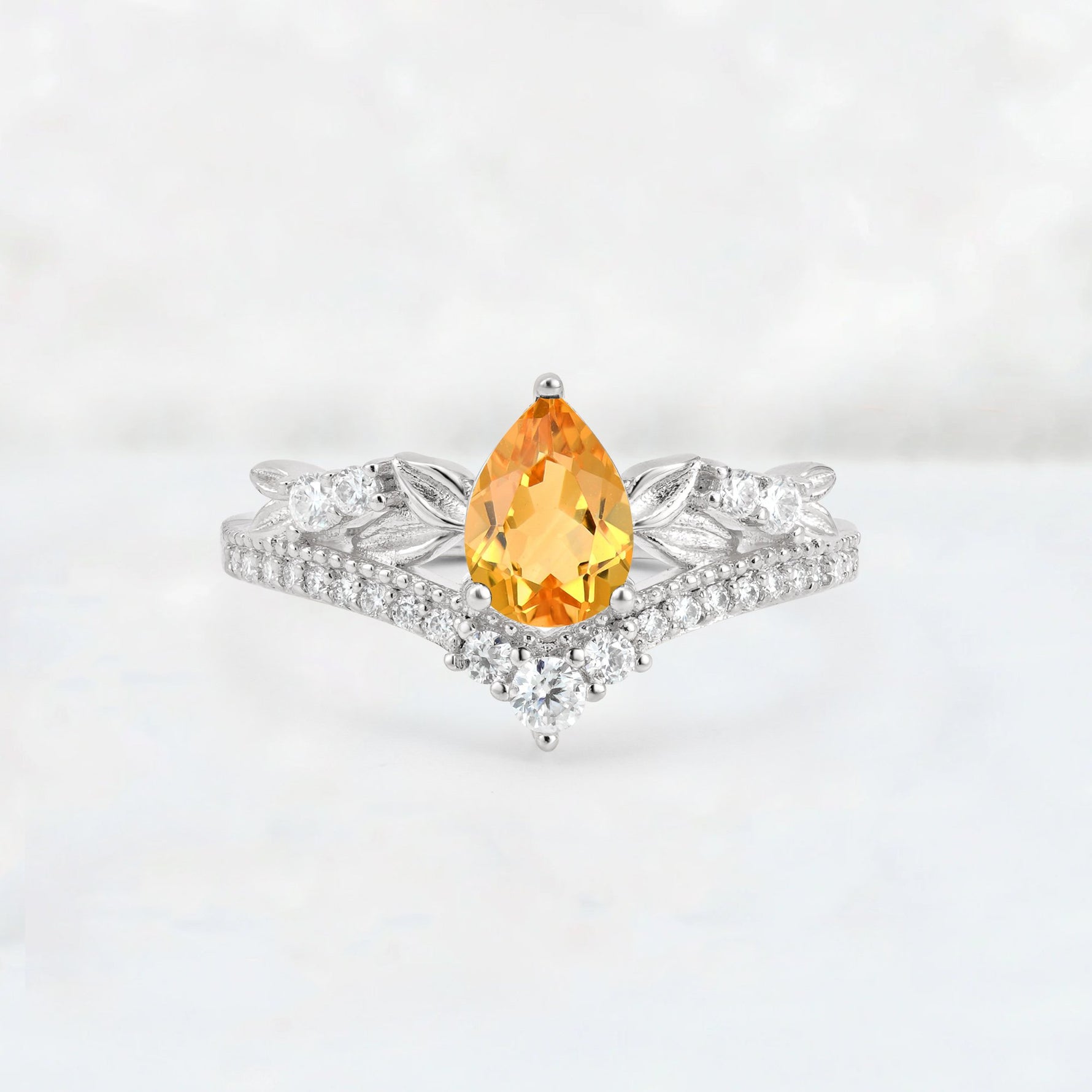 Pear Cut Citrine Leaf Chevron Bridal Ring Set - Additional view