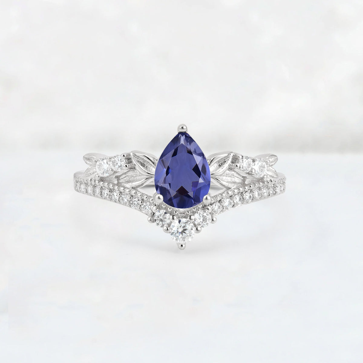Pear Cut Tanzanite Leaf Chevron Bridal Ring Set - Additional view
