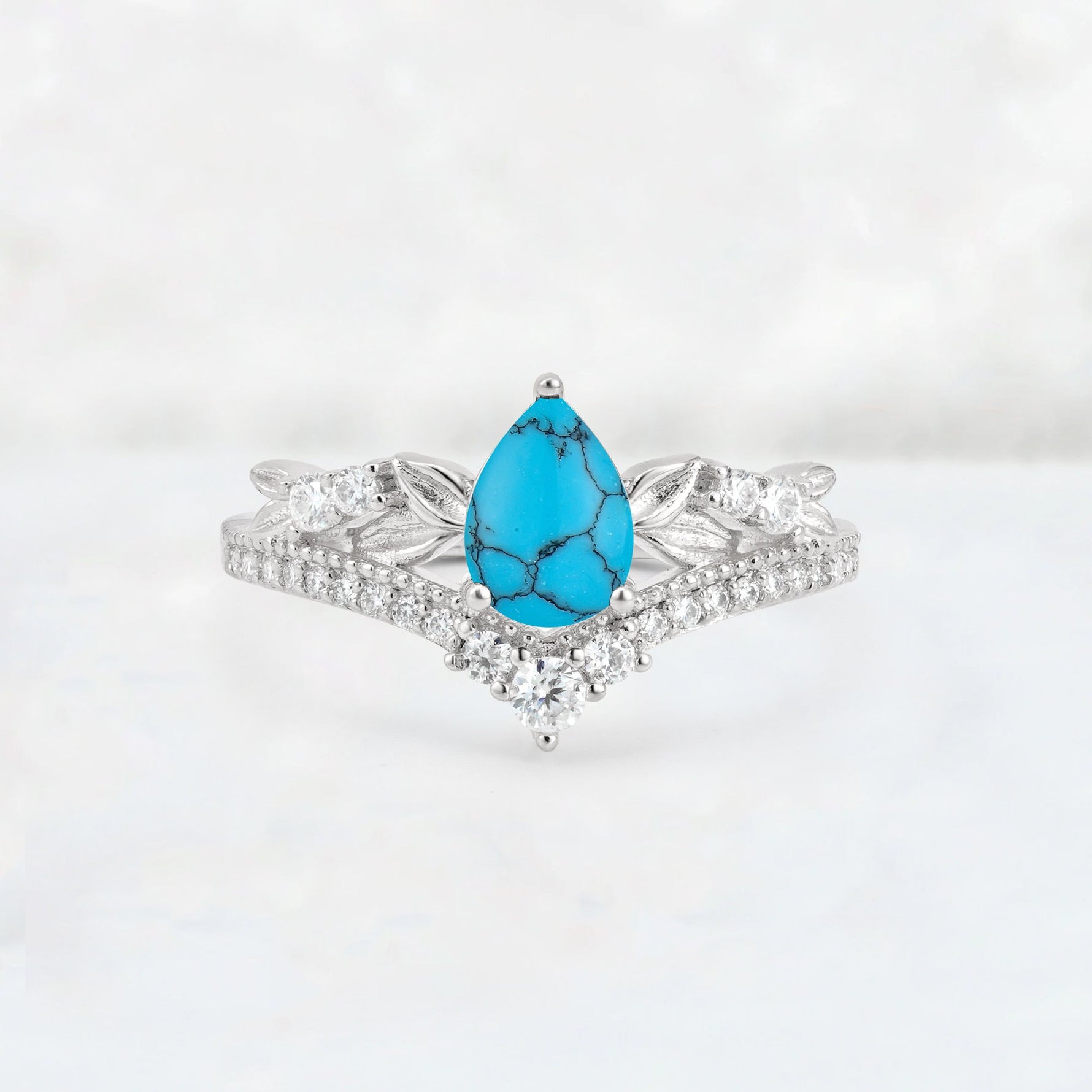 Pear Cut Turquoise Leaf Chevron Bridal Ring Set - Additional view