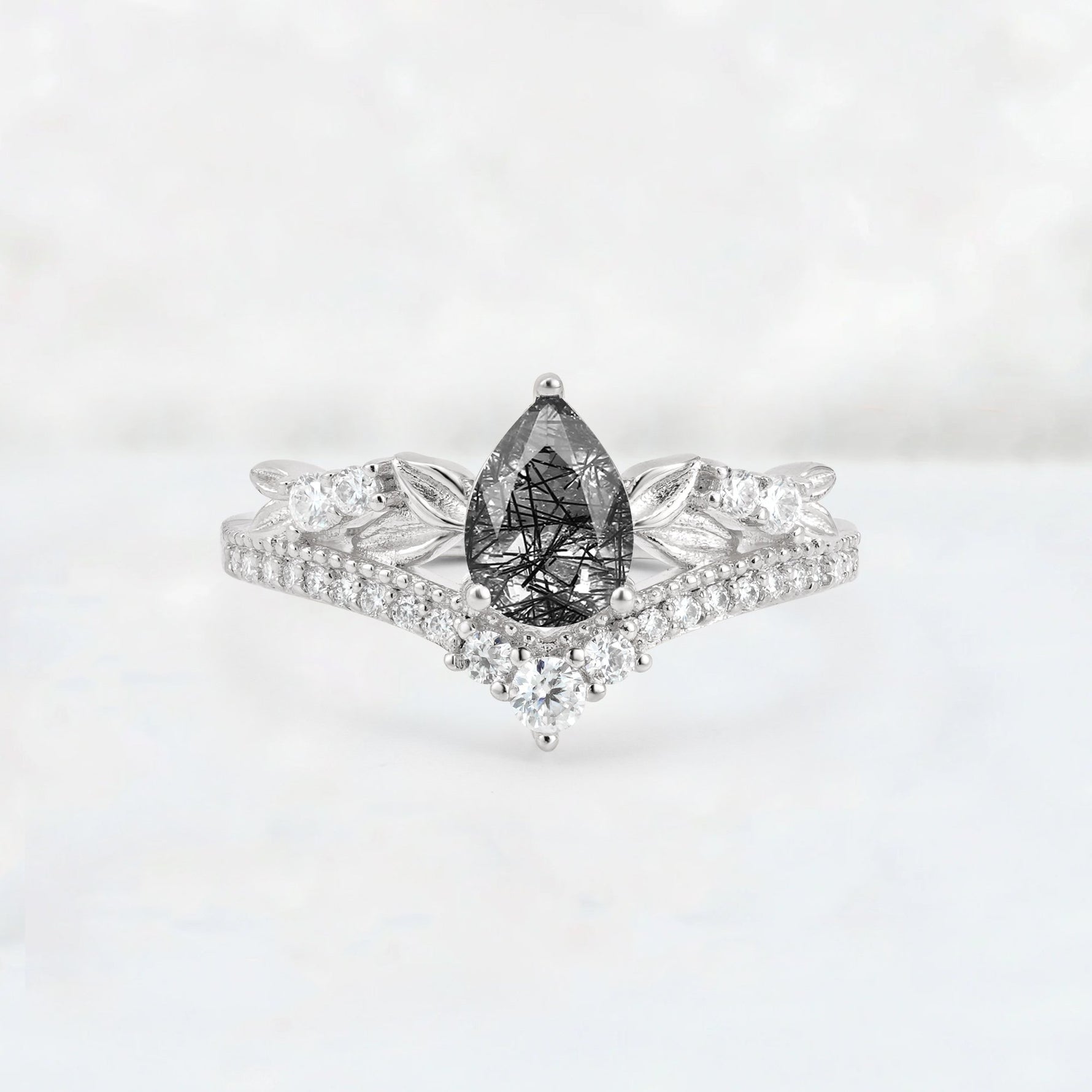 Pear Cut Black Rutilated Quartz Leaf Chevron Bridal Ring Set - Additional view