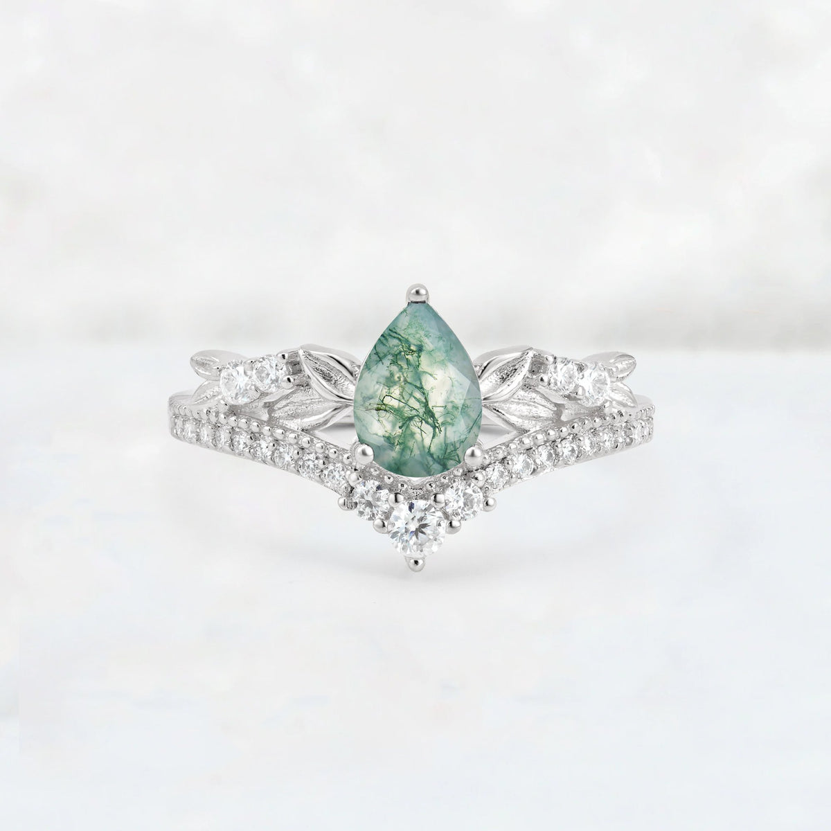 Pear Cut Moss Agate Leaf Chevron Bridal Ring Set - Additional view