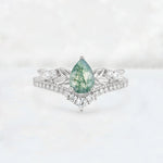Pear Cut Moss Agate Leaf Chevron Bridal Ring Set - Additional view