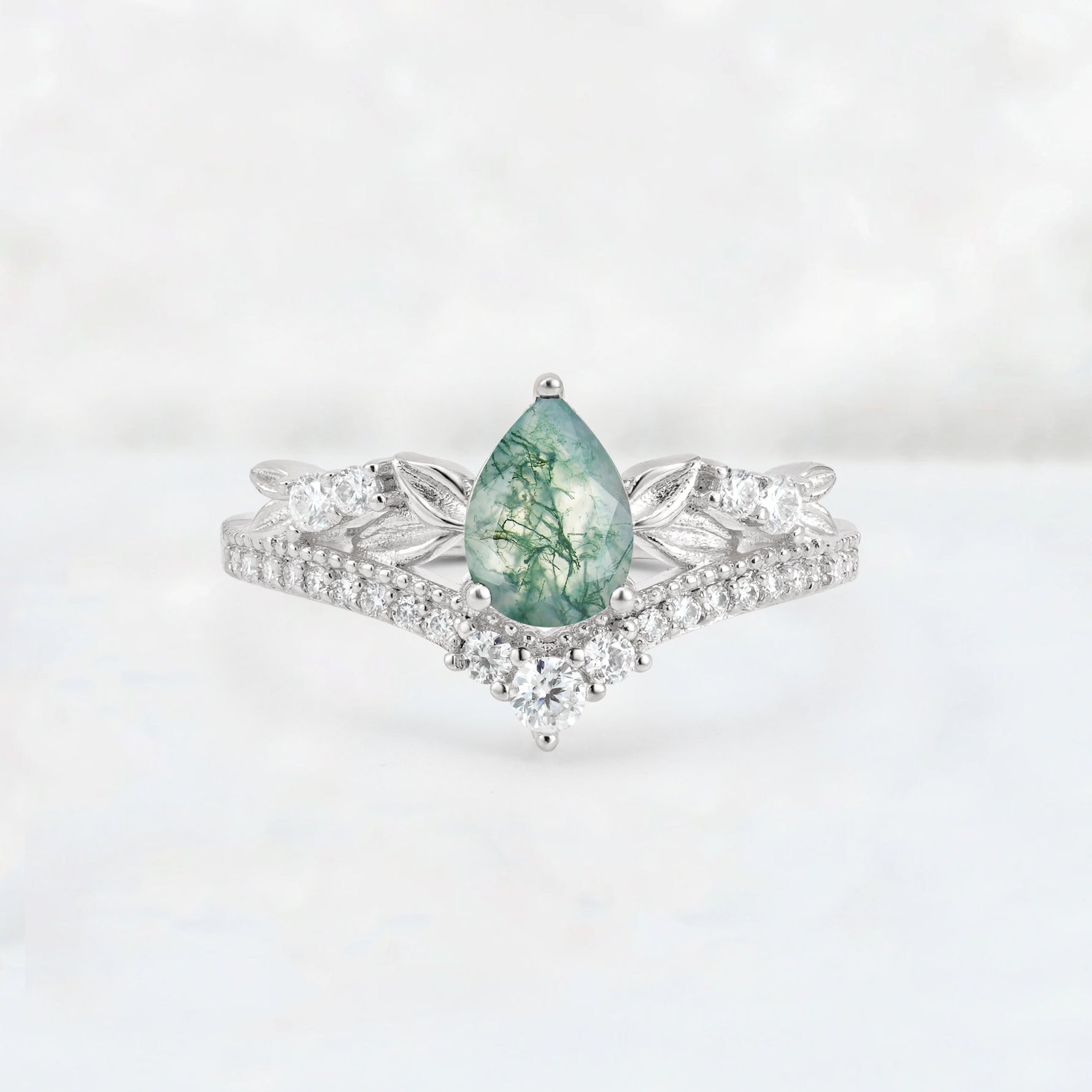 Pear Cut Moss Agate Leaf Chevron Bridal Ring Set - Additional view