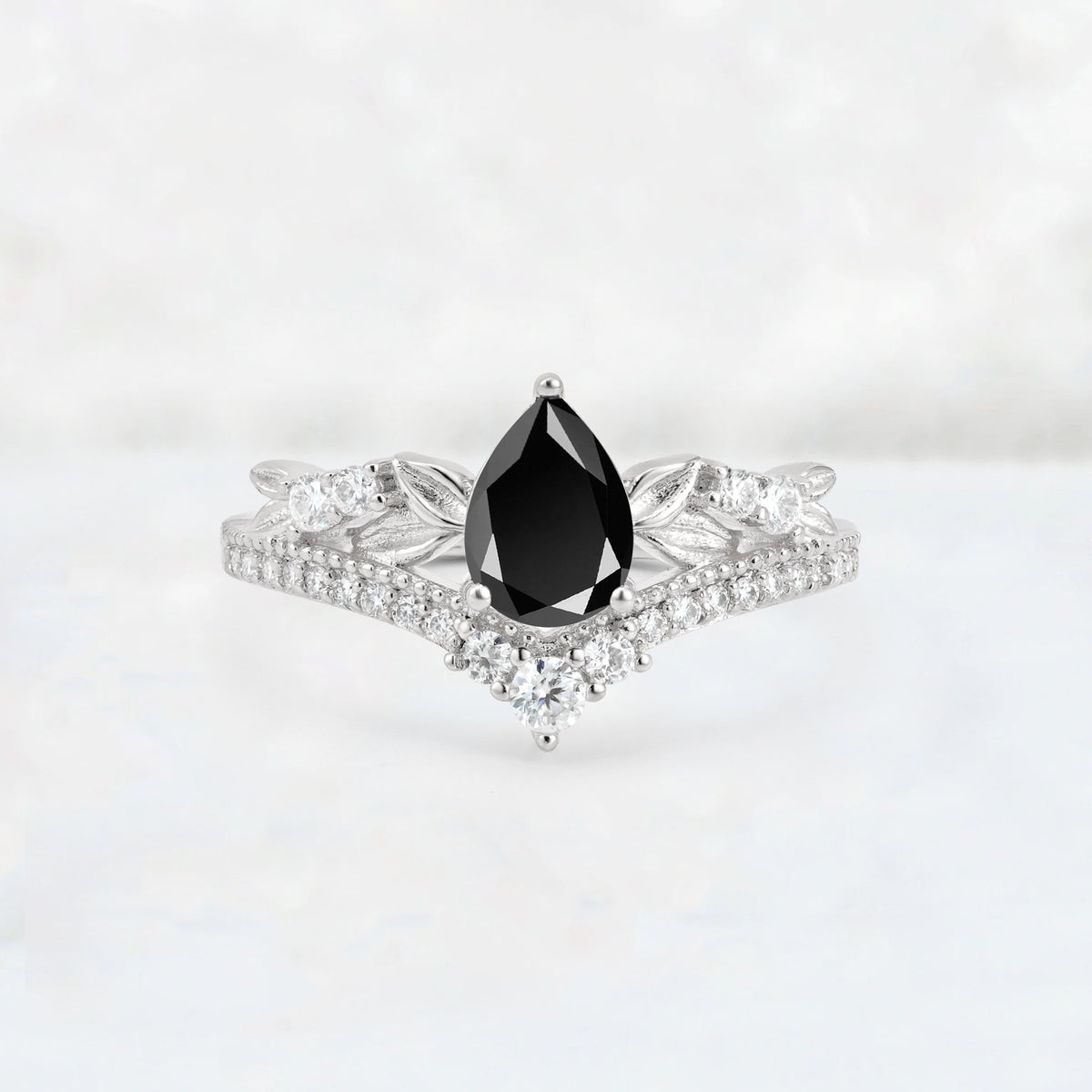 Pear Cut Black Onyx Leaf Chevron Bridal Ring Set - Additional view