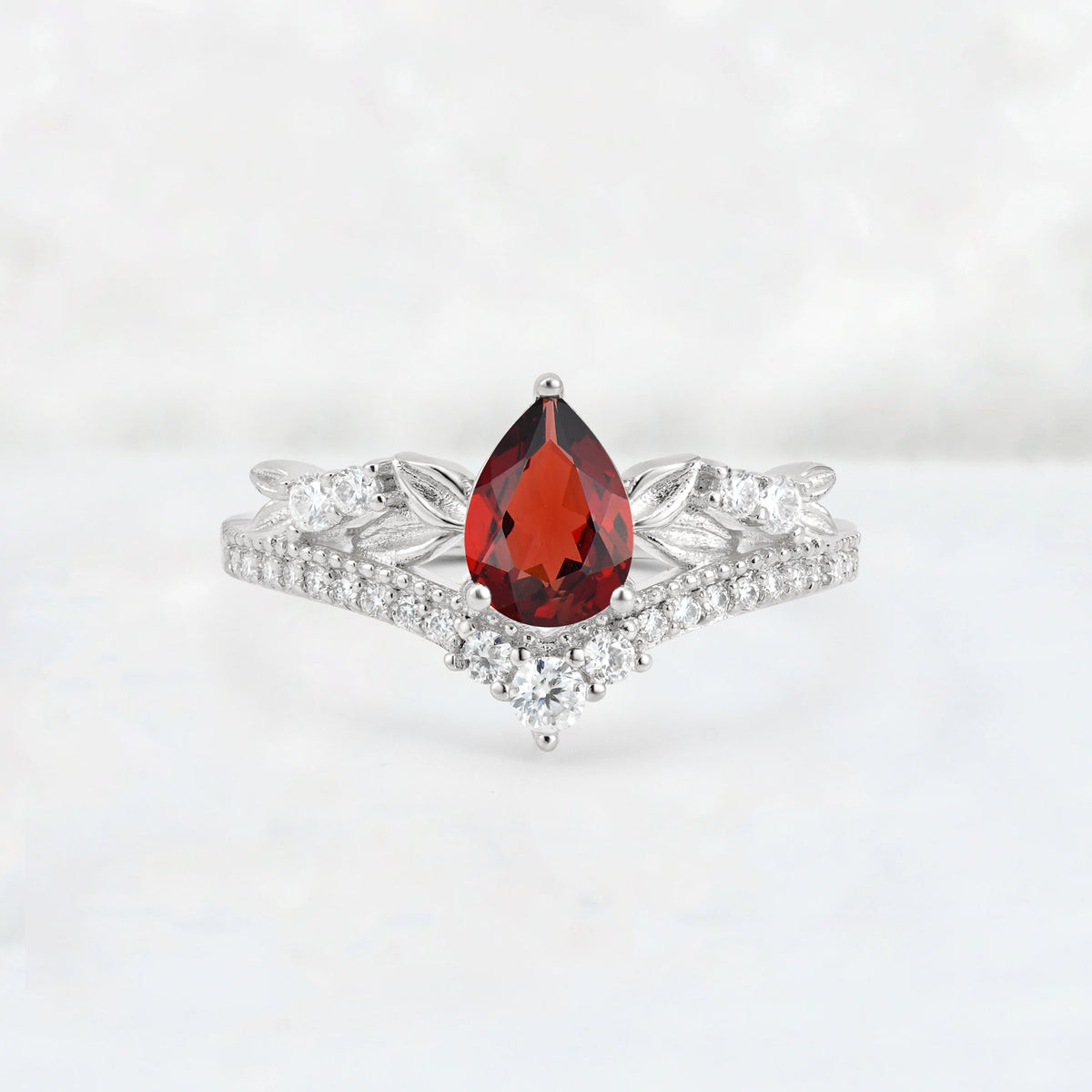 Pear Cut Garnet Leaf Chevron Bridal Ring Set - Additional view