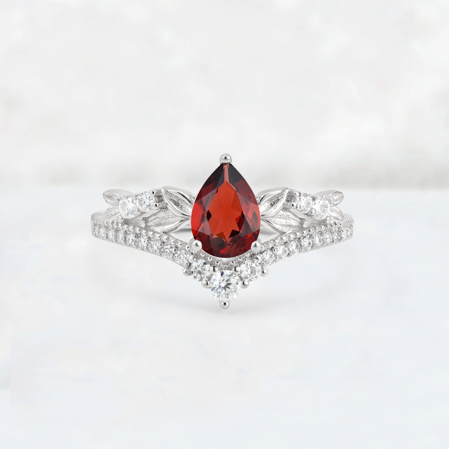 Pear Cut Garnet Leaf Chevron Bridal Ring Set - Additional view