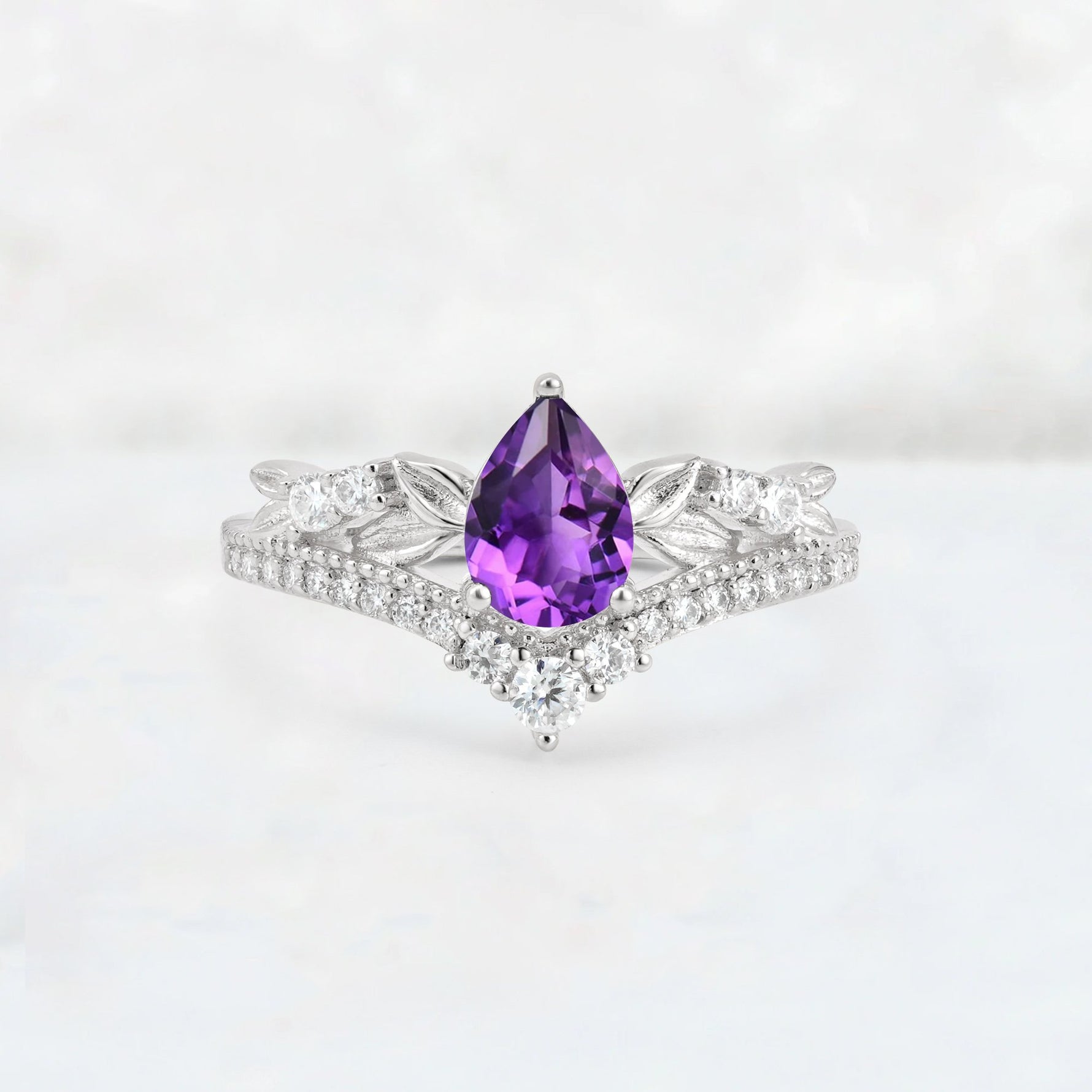 Pear Cut Amethyst Leaf Chevron Bridal Ring Set - Additional view