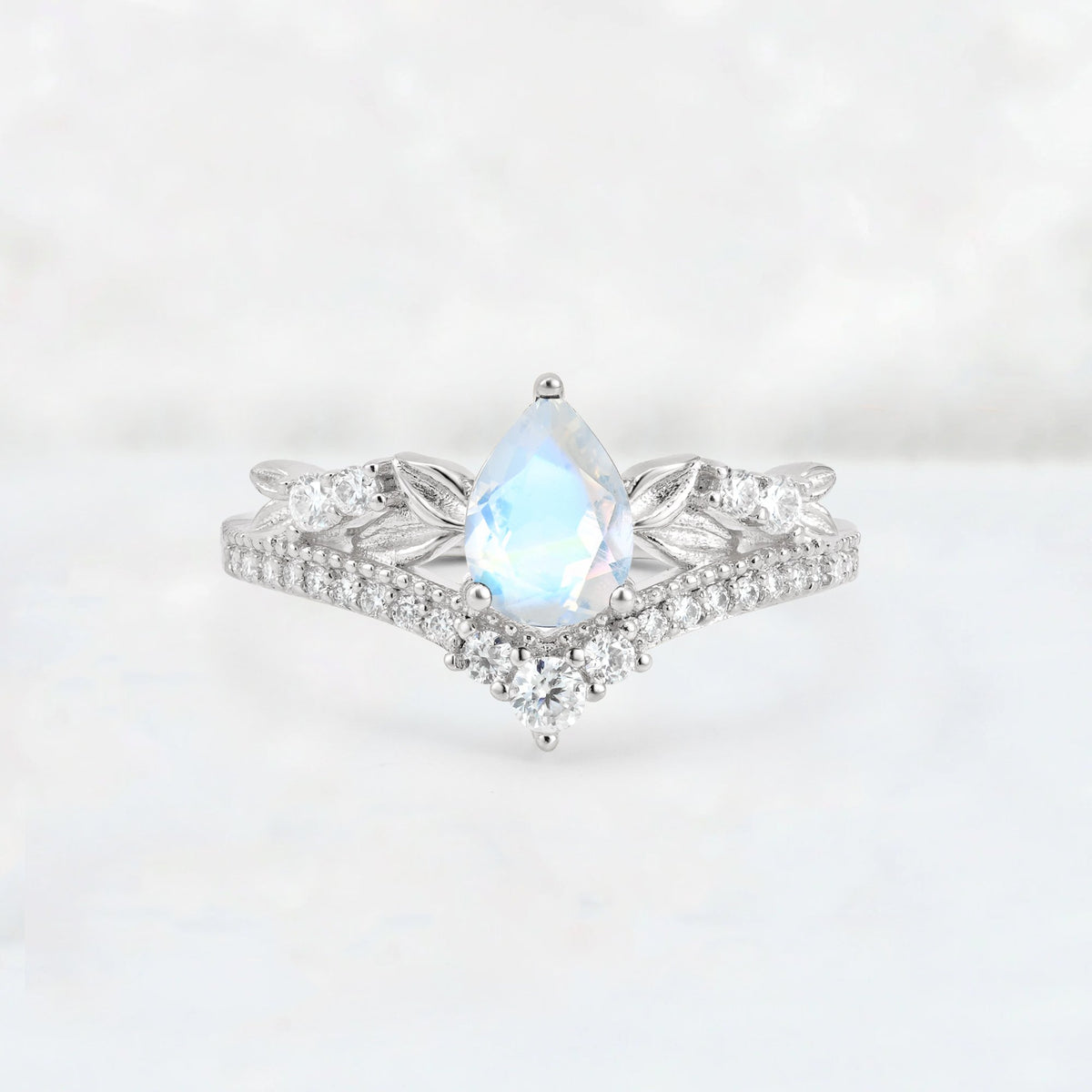 Pear Cut Moonstone Leaf Chevron Bridal Ring Set - Additional view