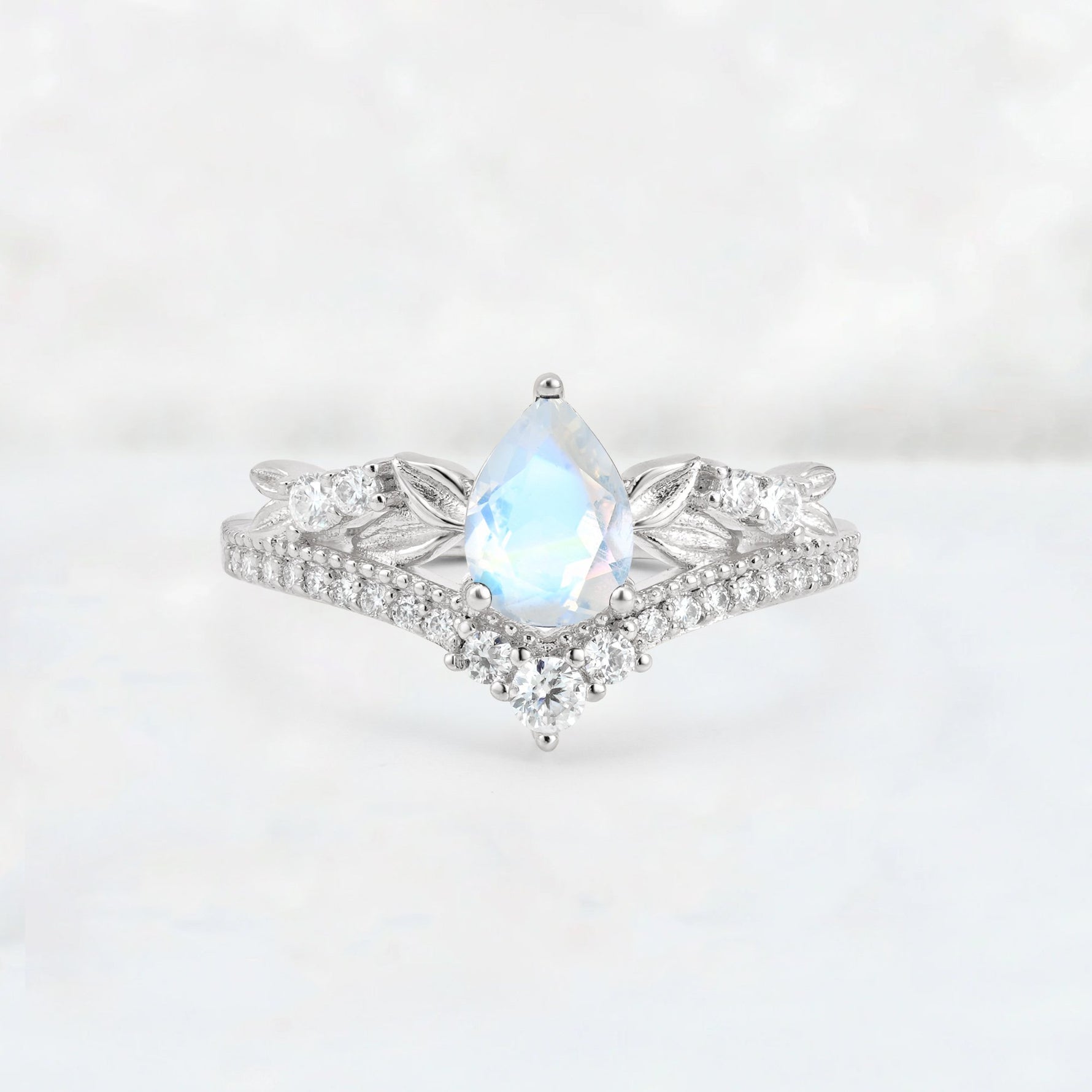 Pear Cut Moonstone Leaf Chevron Bridal Ring Set - Additional view
