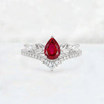 Pear Cut Ruby Leaf Chevron Bridal Ring Set - Additional view