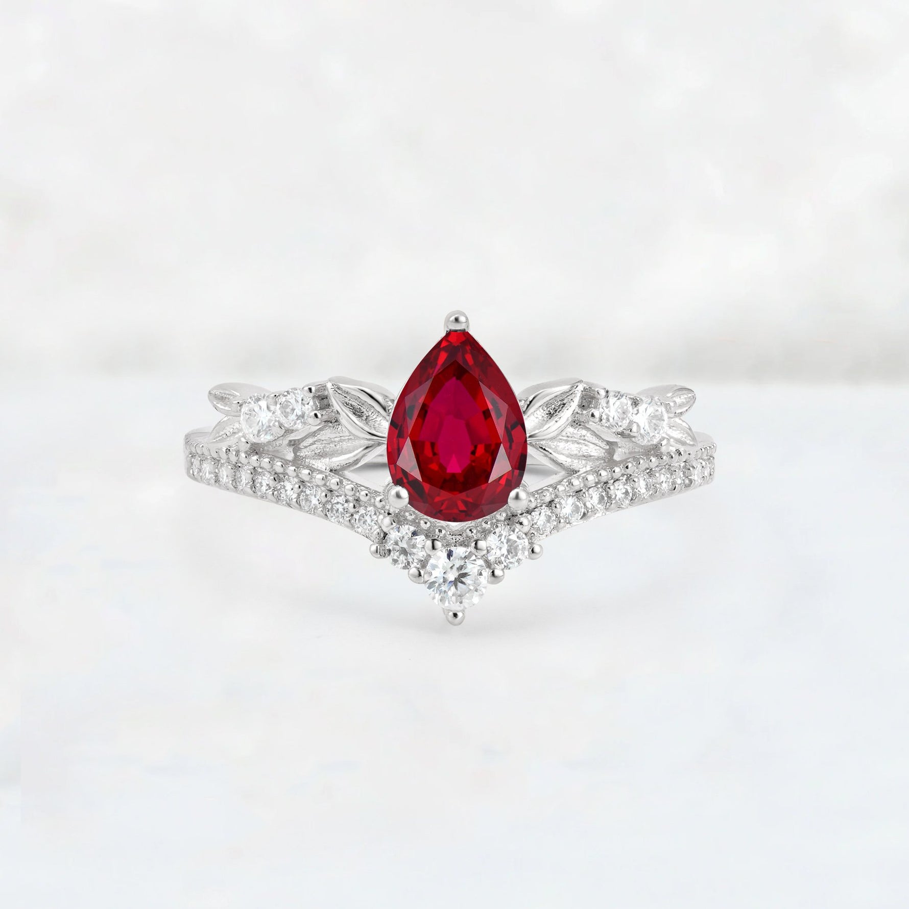 Pear Cut Ruby Leaf Chevron Bridal Ring Set - Additional view