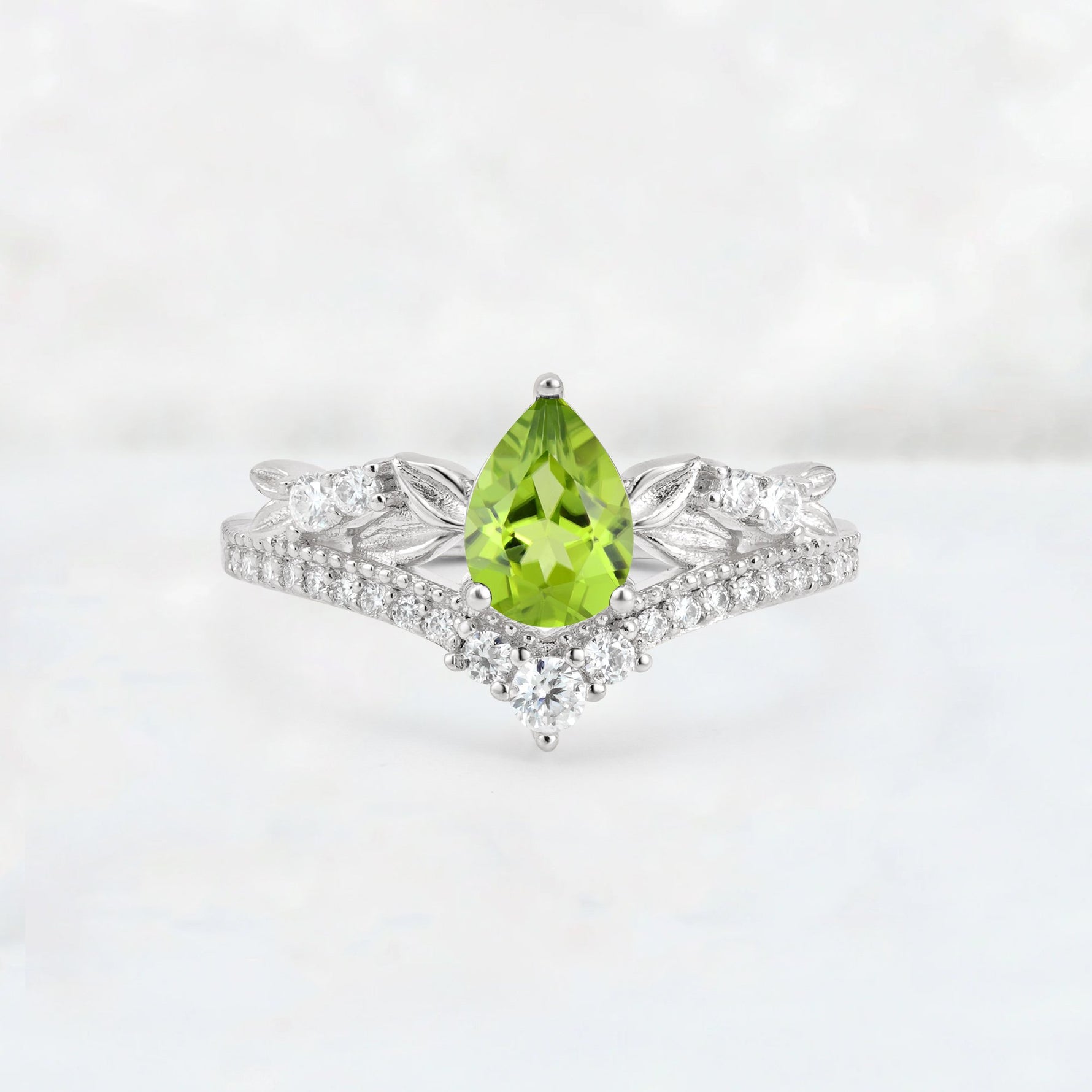 Pear Cut Peridot Leaf Chevron Bridal Ring Set - Additional view