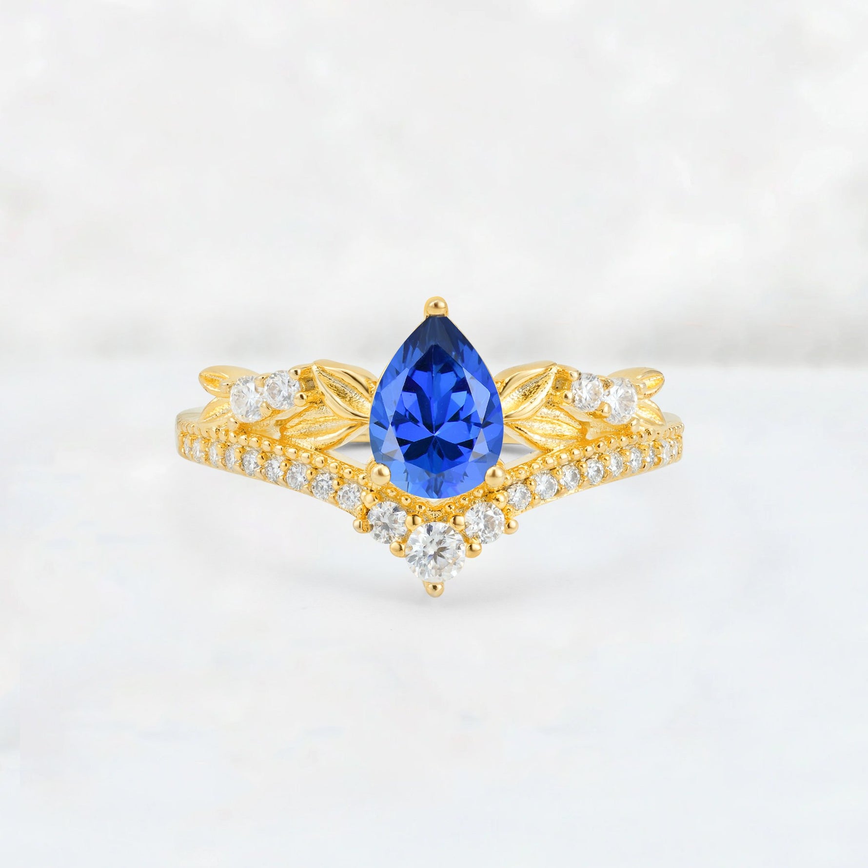 Pear Cut Sapphire Leaf Chevron Bridal Ring Set - Additional view
