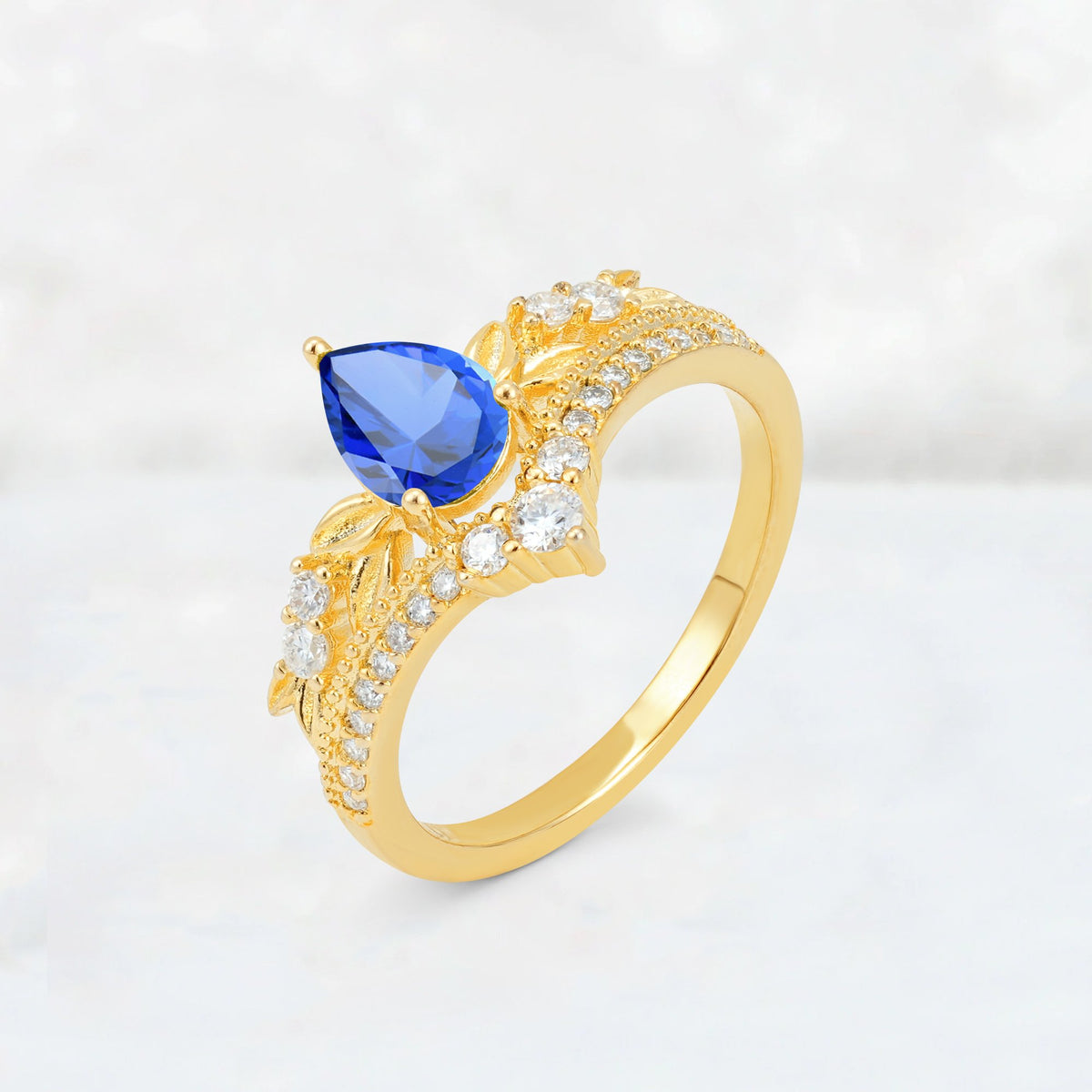 Pear Cut Sapphire Leaf Chevron Bridal Ring Set - Additional view