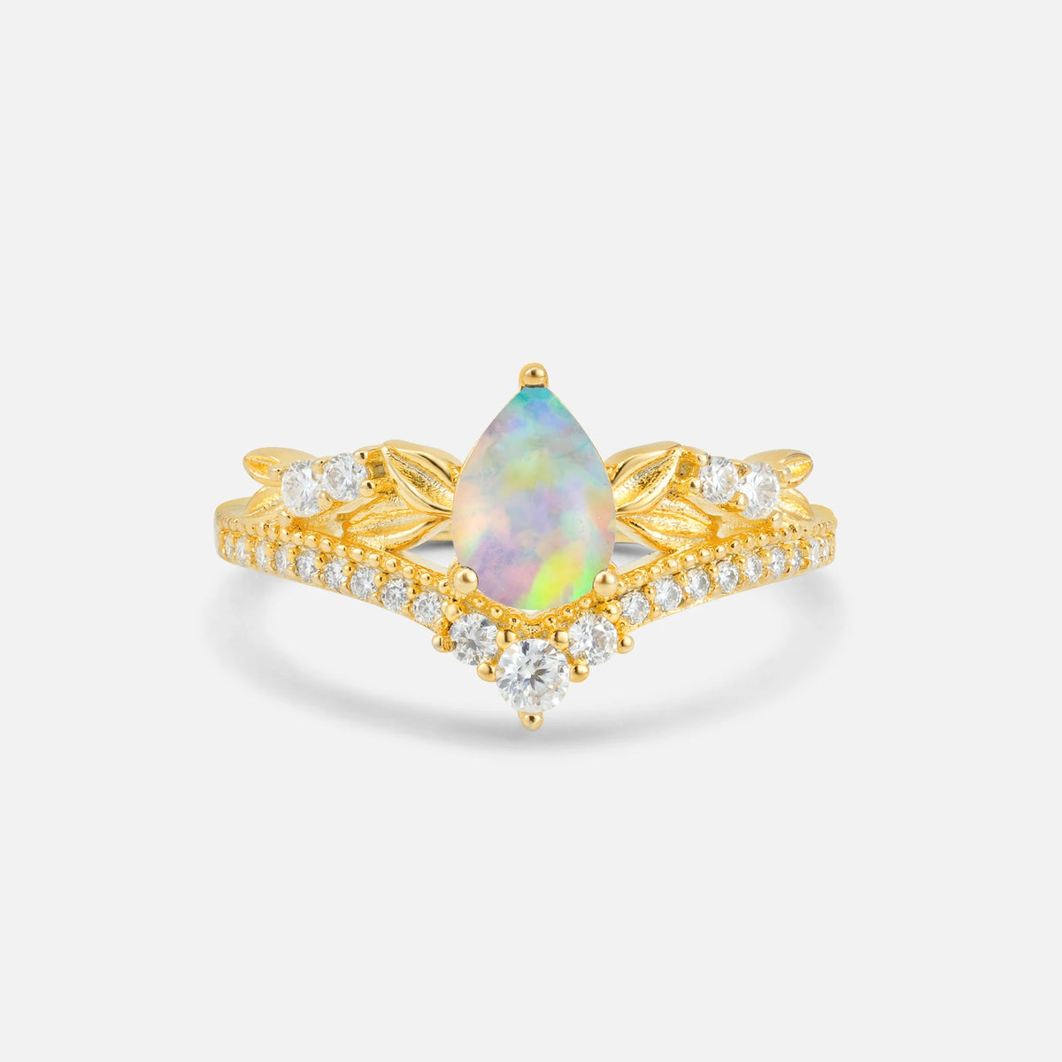 Pear Cut Fire Opal Leaf Chevron Bridal Ring Set - Additional view