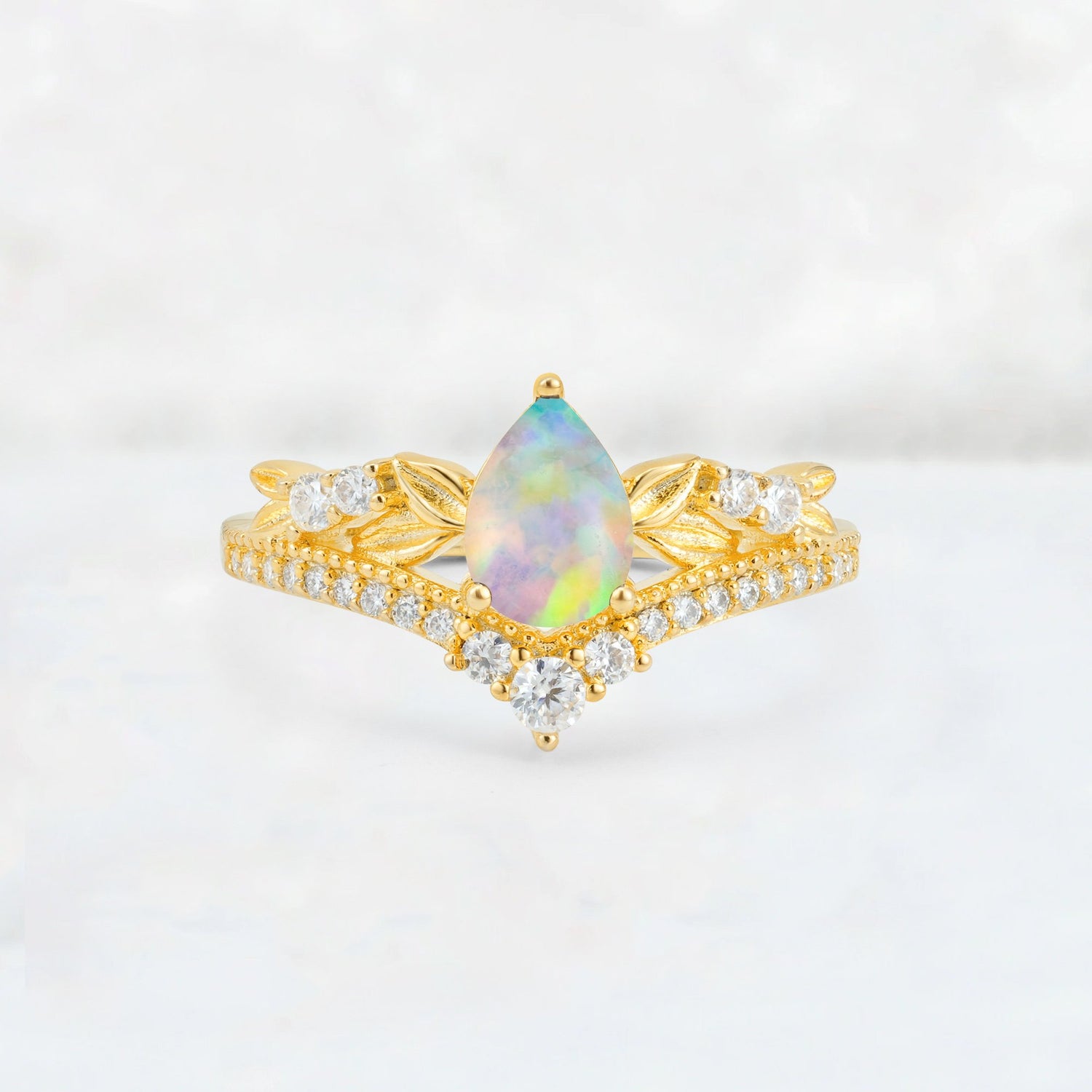 Pear Cut Fire Opal Leaf Chevron Bridal Ring Set - Additional view