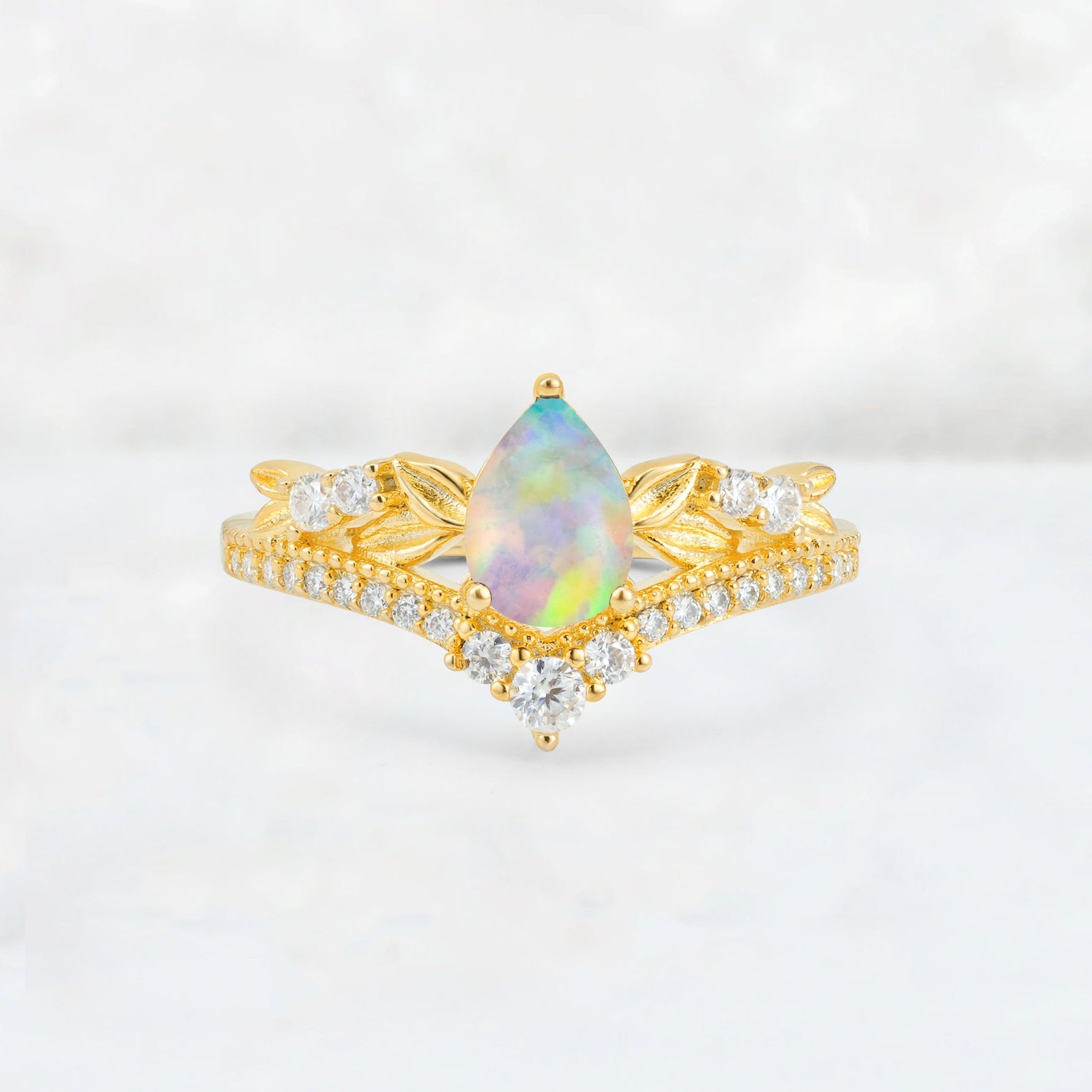Pear Cut Fire Opal Leaf Chevron Bridal Ring Set - Additional view