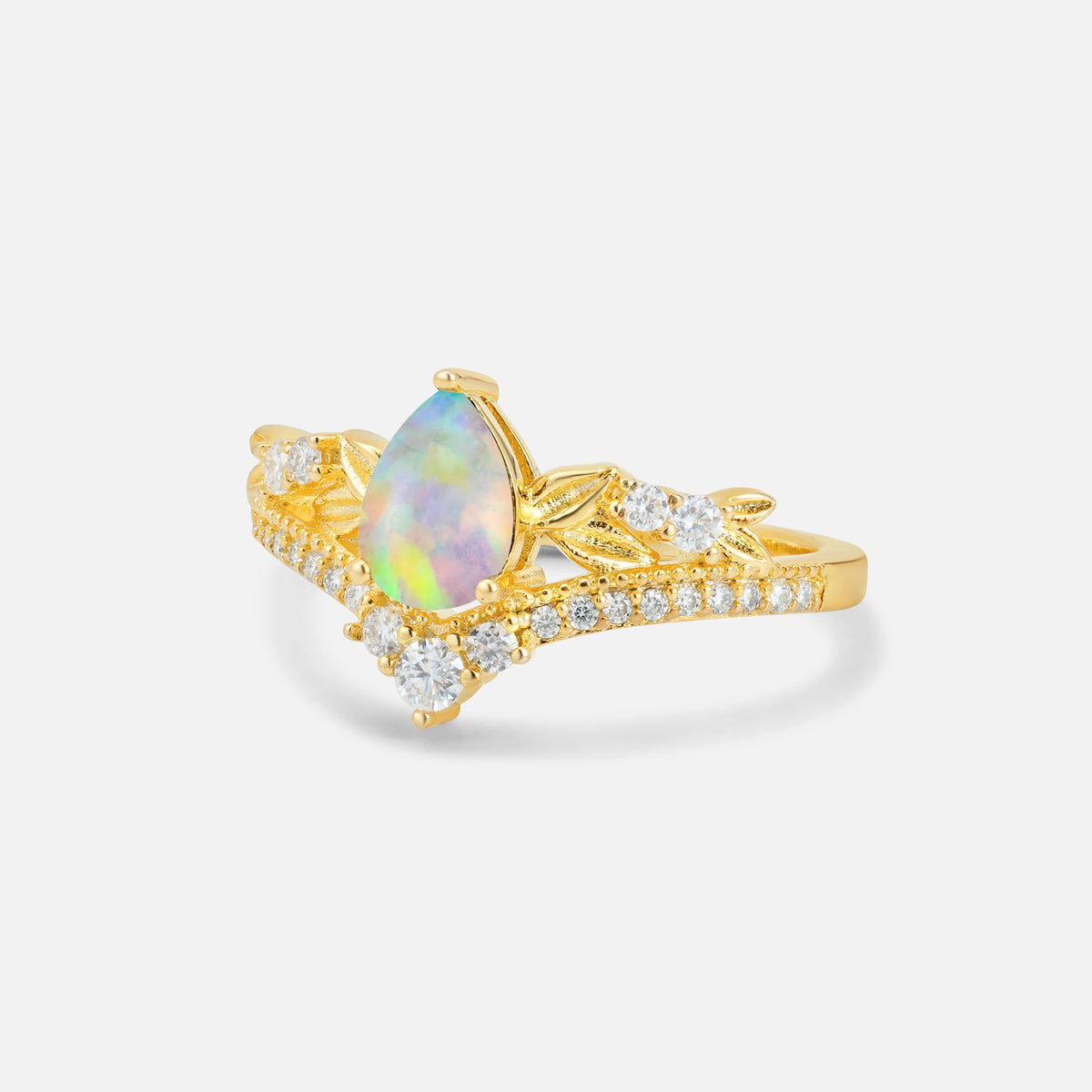Pear Cut Fire Opal Leaf Chevron Bridal Ring Set - Additional view