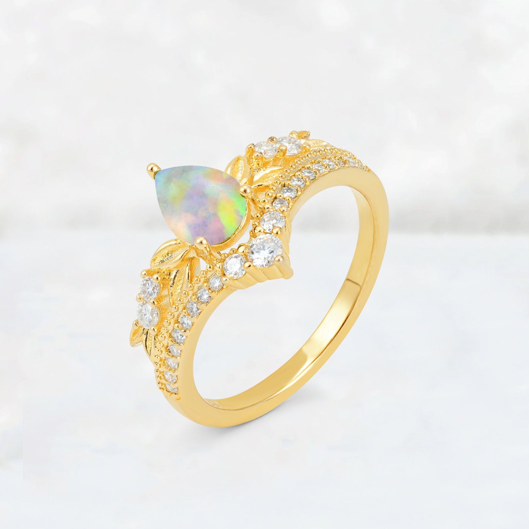 Pear Cut Fire Opal Leaf Chevron Bridal Ring Set - Additional view