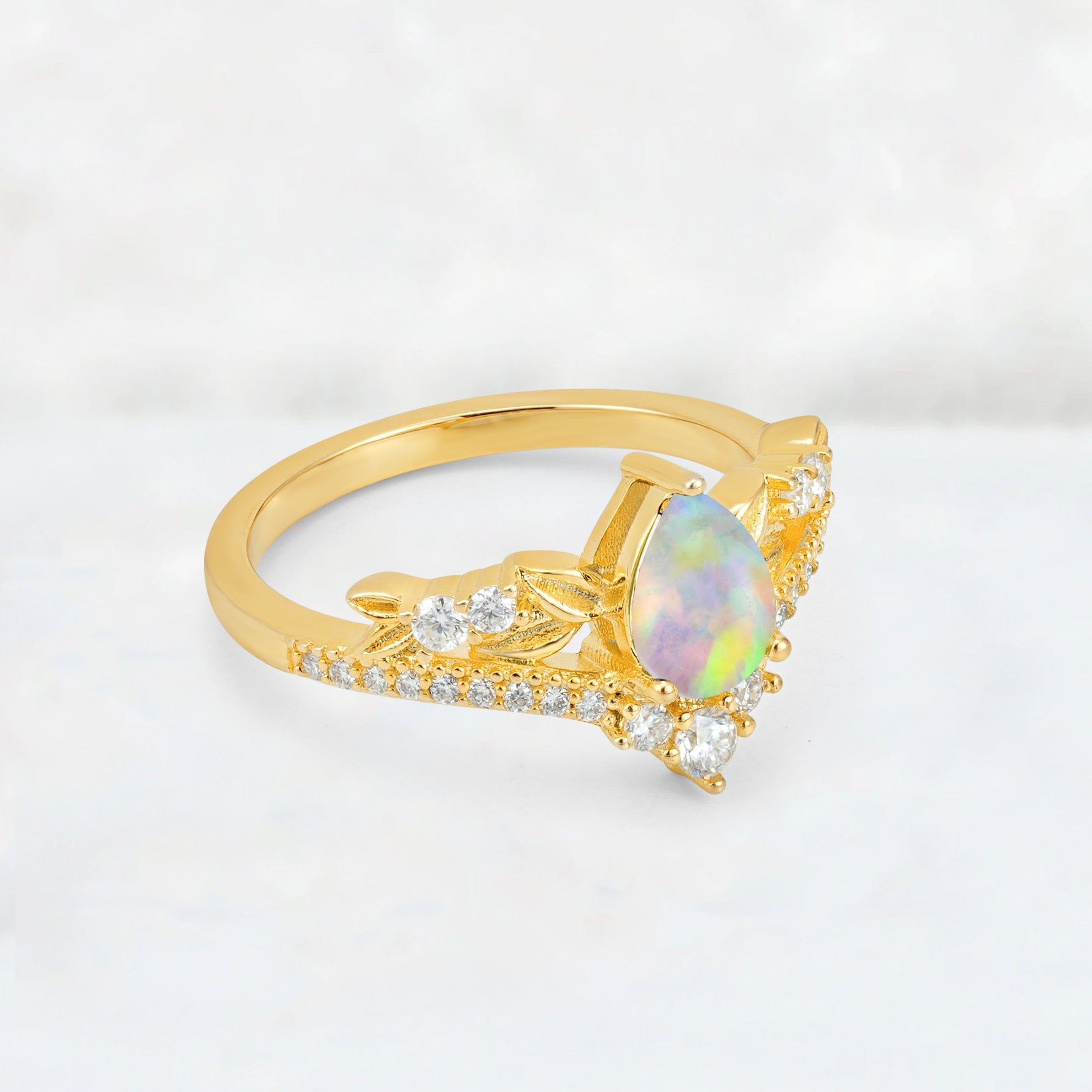Pear Cut Fire Opal Leaf Chevron Bridal Ring Set - Additional view