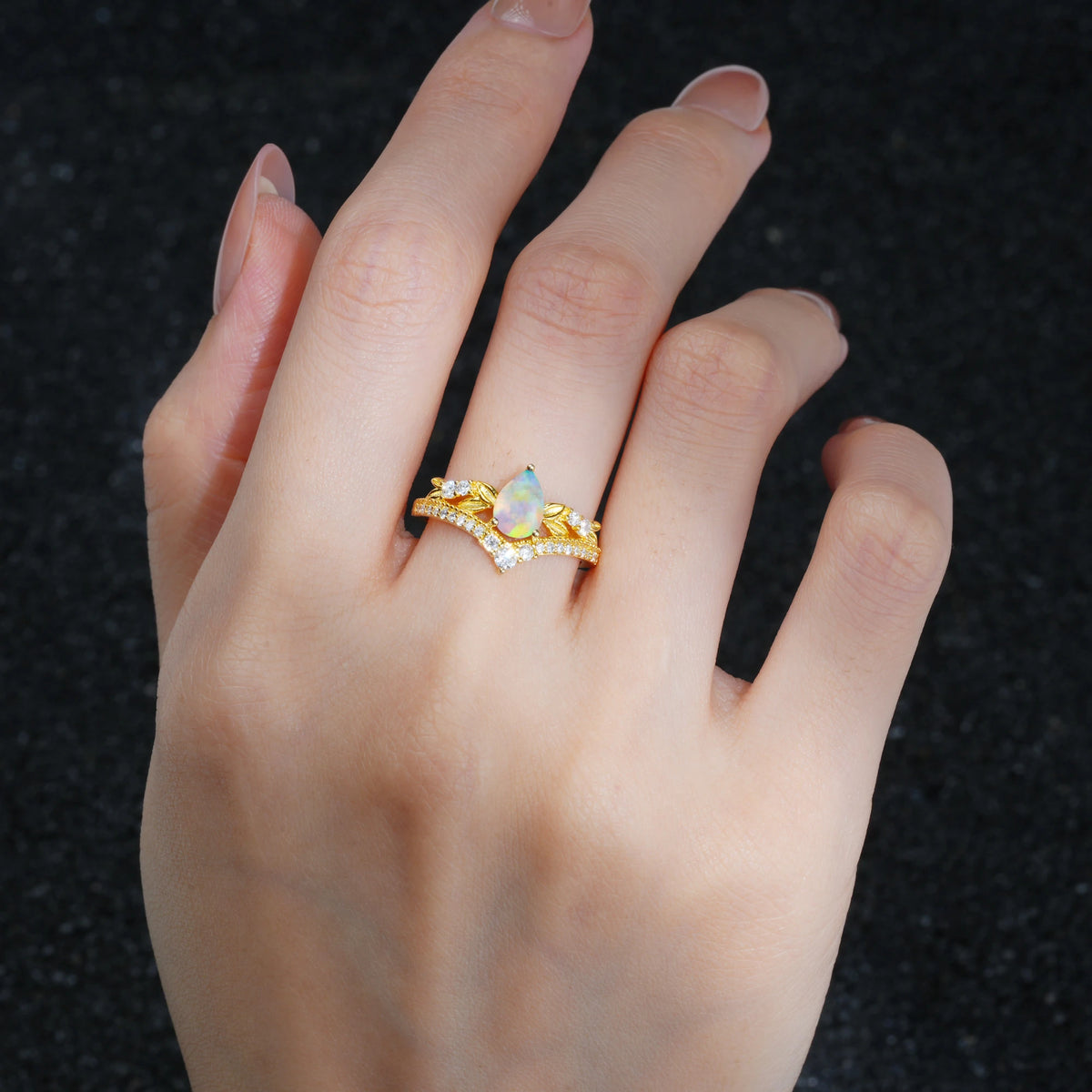 Pear Cut Fire Opal Leaf Chevron Bridal Ring Set - Additional view