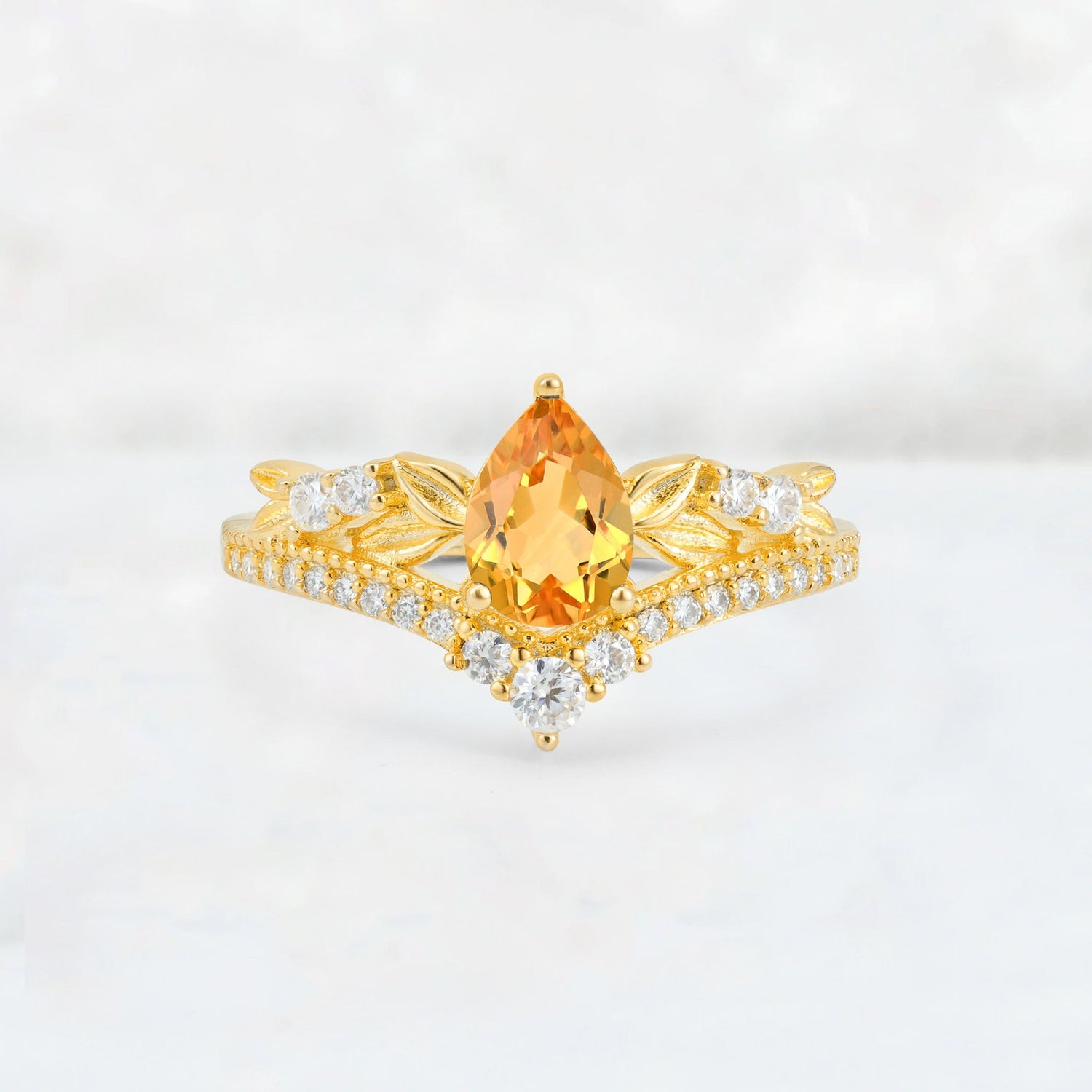 Pear Cut Citrine Leaf Chevron Bridal Ring Set - Additional view