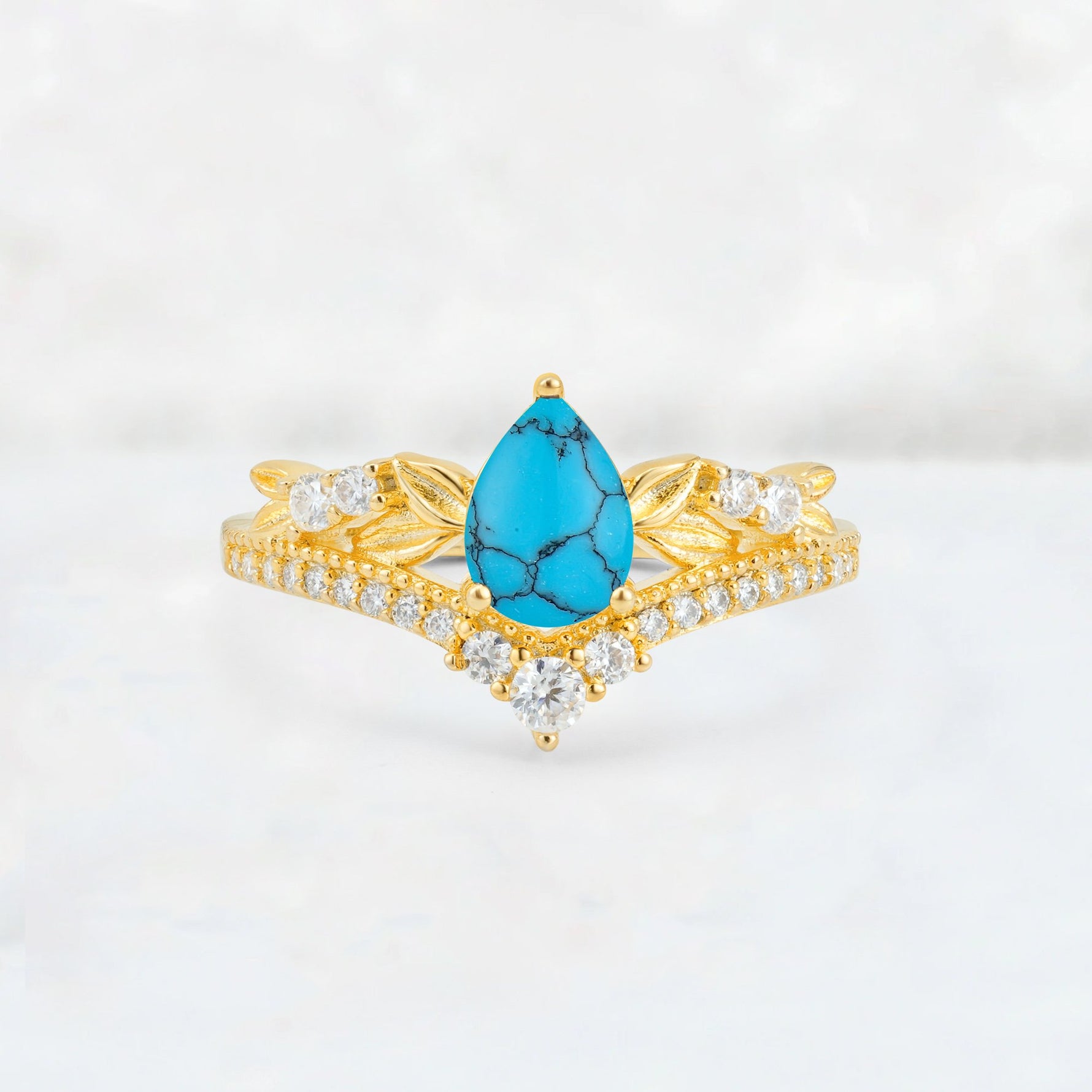 Pear Cut Turquoise Leaf Chevron Bridal Ring Set - Additional view