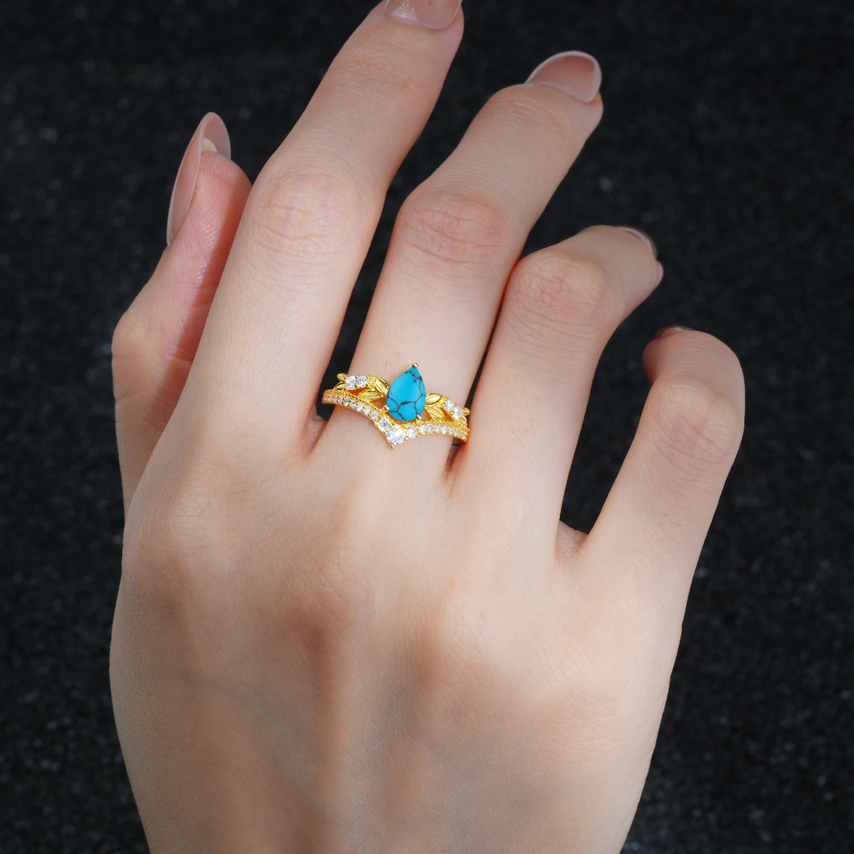 Pear Cut Turquoise Leaf Chevron Bridal Ring Set - Additional view
