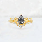 Pear Cut Black Rutilated Quartz Leaf Chevron Bridal Ring Set - Additional view