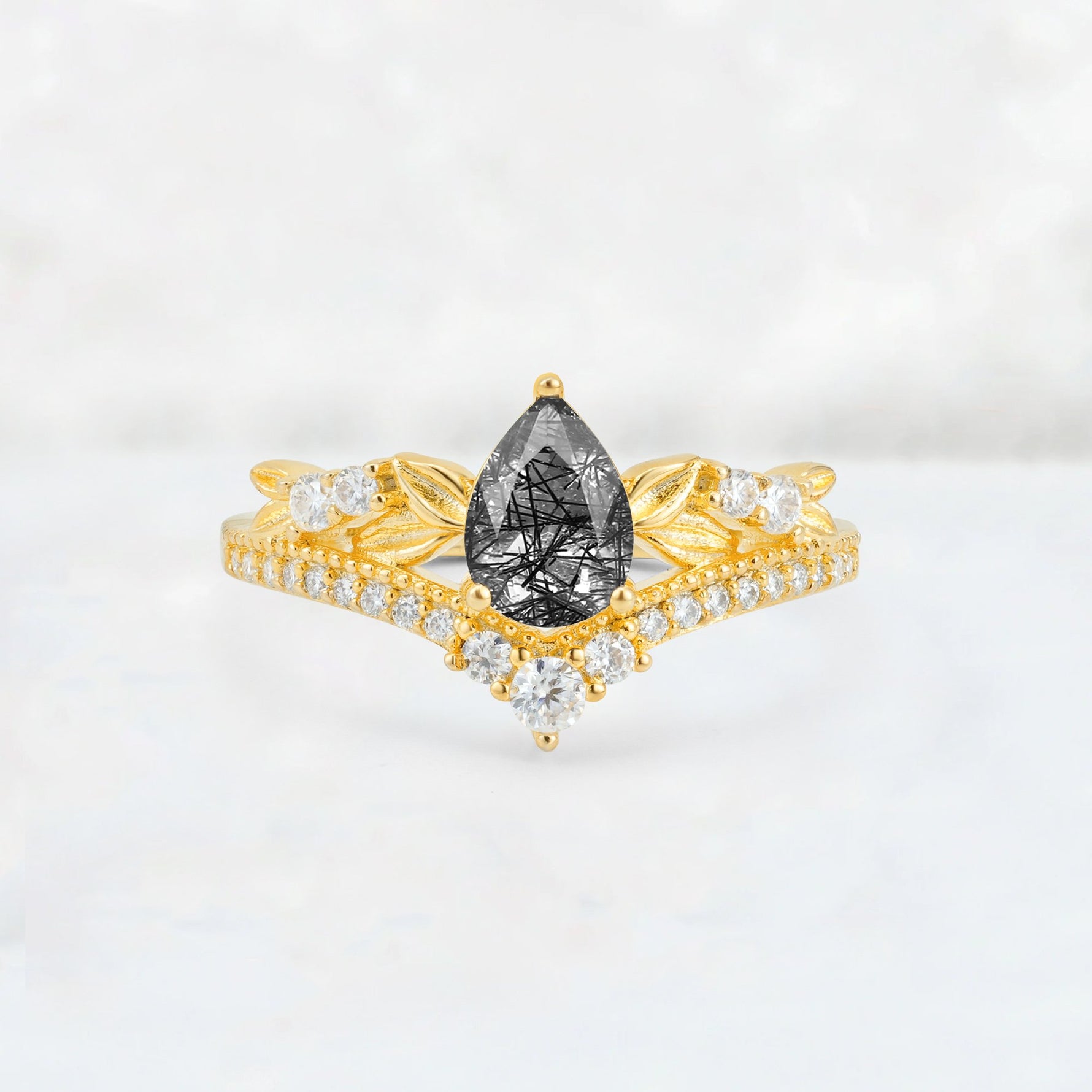Pear Cut Black Rutilated Quartz Leaf Chevron Bridal Ring Set - Additional view