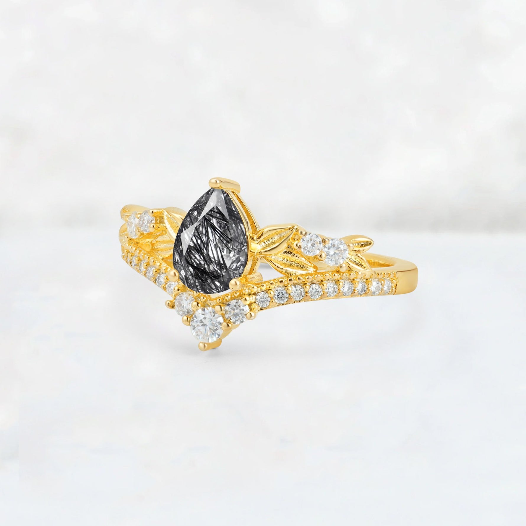 Pear Cut Black Rutilated Quartz Leaf Chevron Bridal Ring Set - Additional view