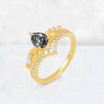 Pear Cut Black Rutilated Quartz Leaf Chevron Bridal Ring Set - Additional view