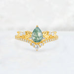 Pear Cut Moss Agate Leaf Chevron Bridal Ring Set - Additional view