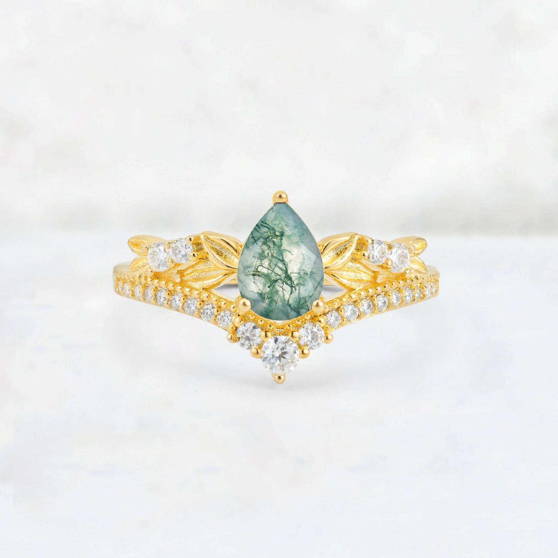 Pear Cut Moss Agate Leaf Chevron Bridal Ring Set - Additional view