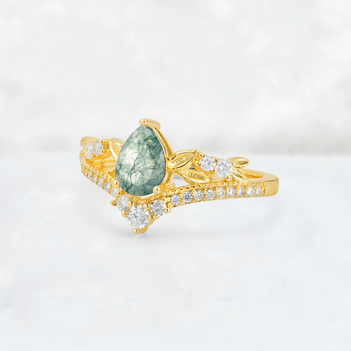 Pear Cut Moss Agate Leaf Chevron Bridal Ring Set - Additional view