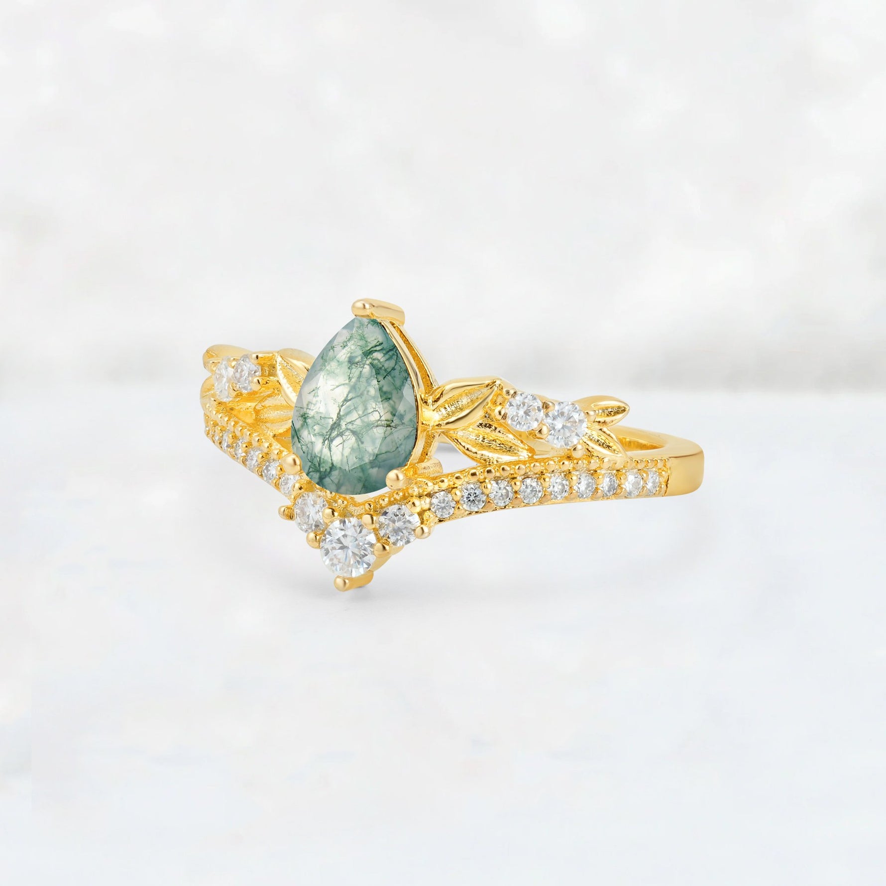 Pear Cut Moss Agate Leaf Chevron Bridal Ring Set - Additional view