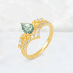 Pear Cut Moss Agate Leaf Chevron Bridal Ring Set - Additional view