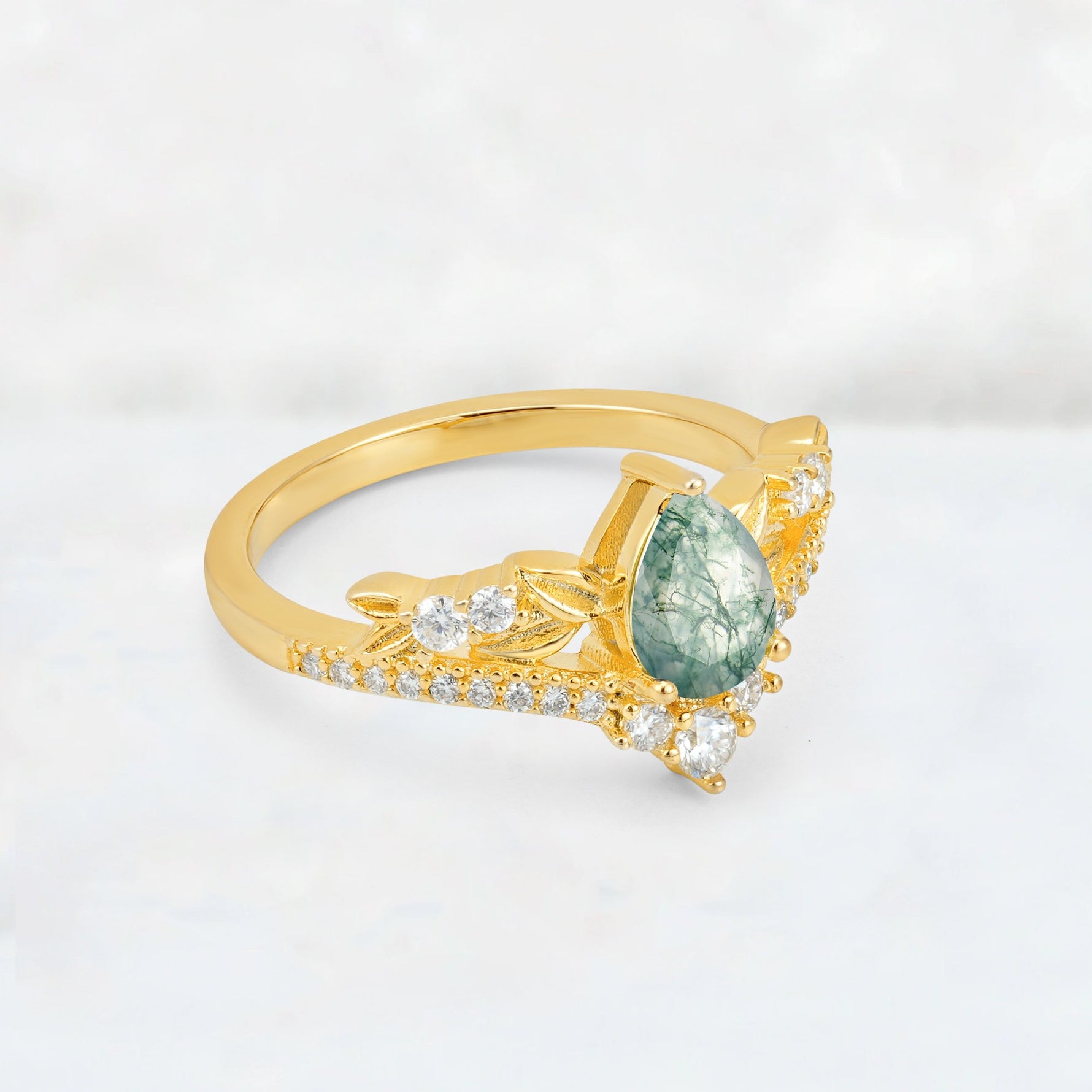 Pear Cut Moss Agate Leaf Chevron Bridal Ring Set - Additional view