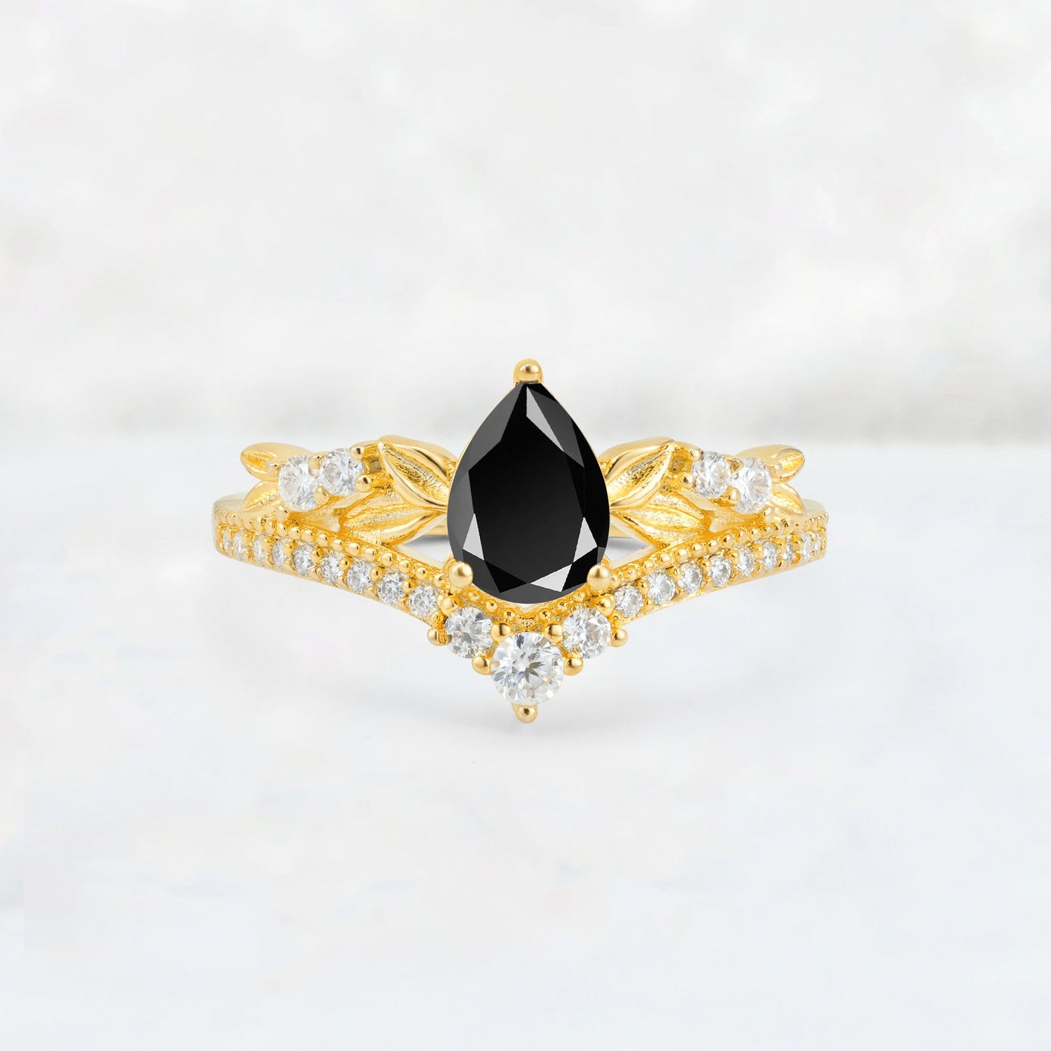 Pear Cut Black Onyx Leaf Chevron Bridal Ring Set - Additional view