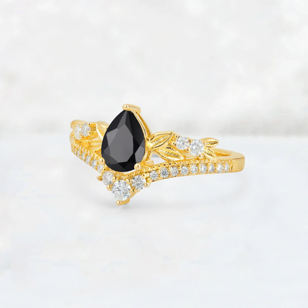 Pear Cut Black Onyx Leaf Chevron Bridal Ring Set - Additional view