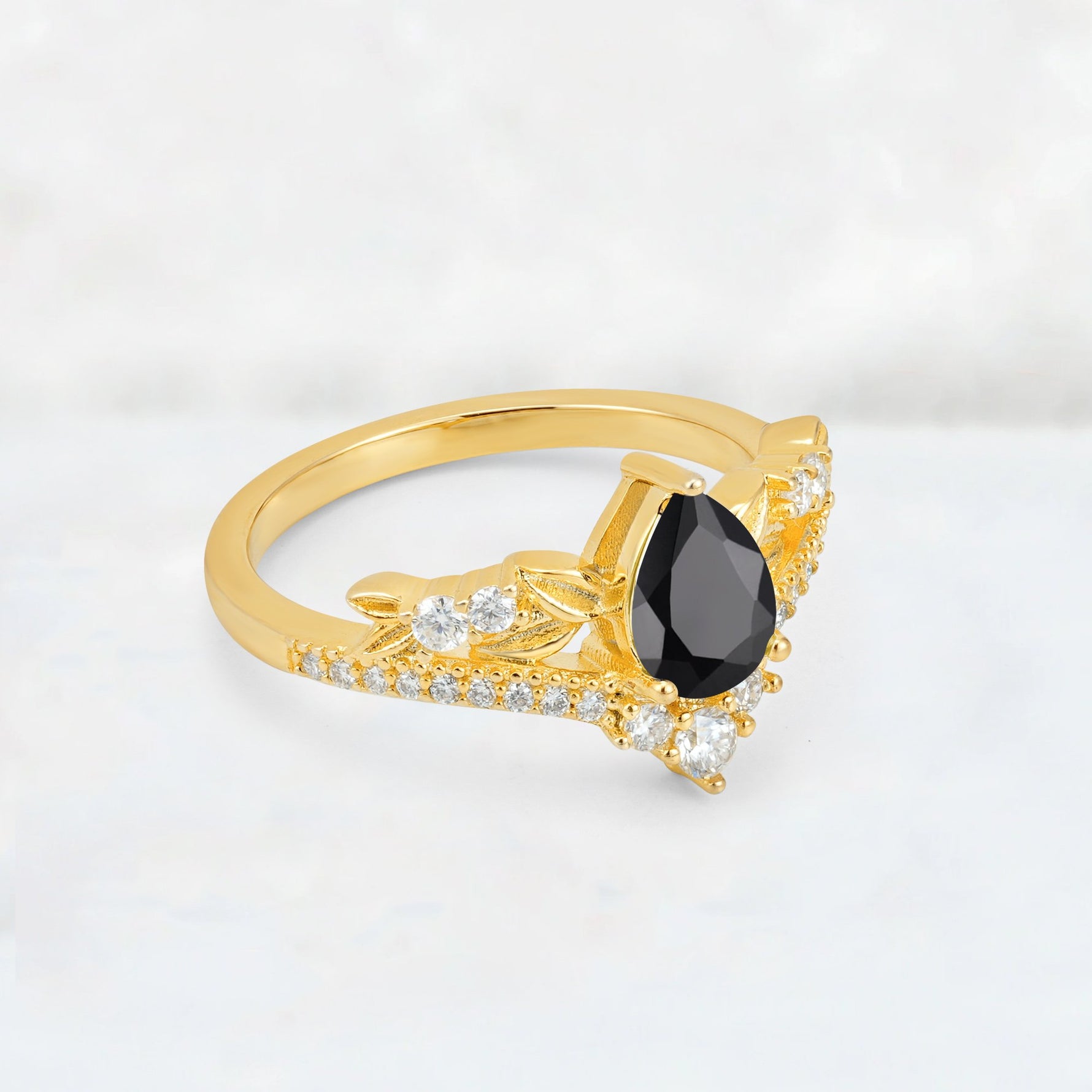 Pear Cut Black Onyx Leaf Chevron Bridal Ring Set - Additional view