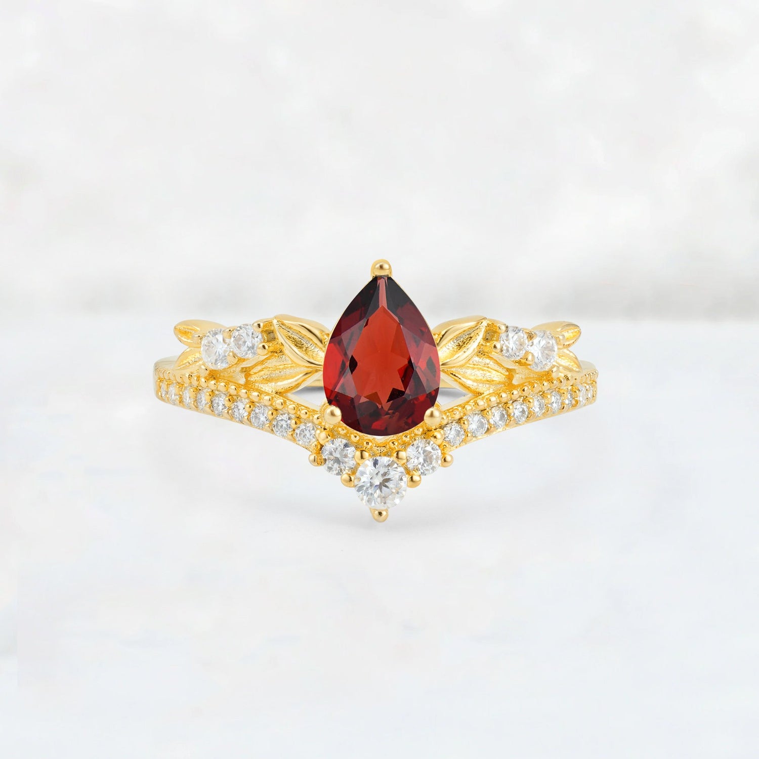 Pear Cut Garnet Leaf Chevron Bridal Ring Set - Additional view