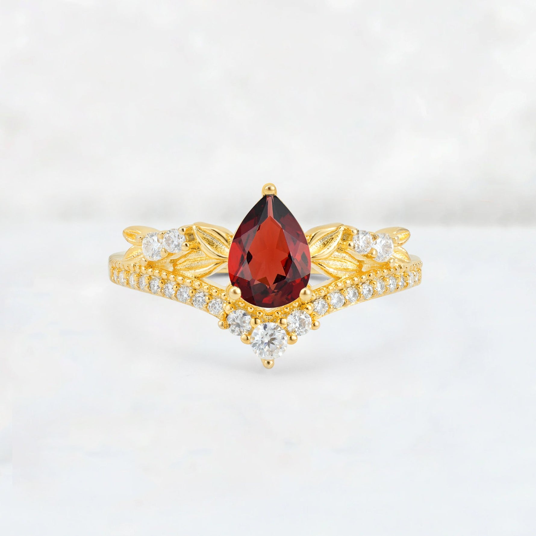 Pear Cut Garnet Leaf Chevron Bridal Ring Set - Additional view