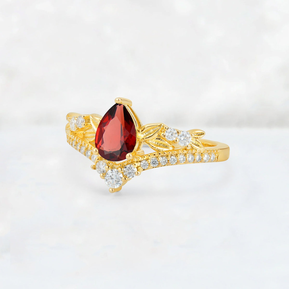 Pear Cut Garnet Leaf Chevron Bridal Ring Set - Additional view