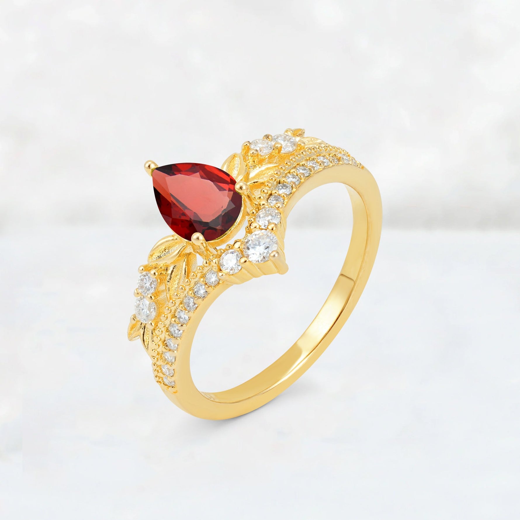 Pear Cut Garnet Leaf Chevron Bridal Ring Set - Additional view